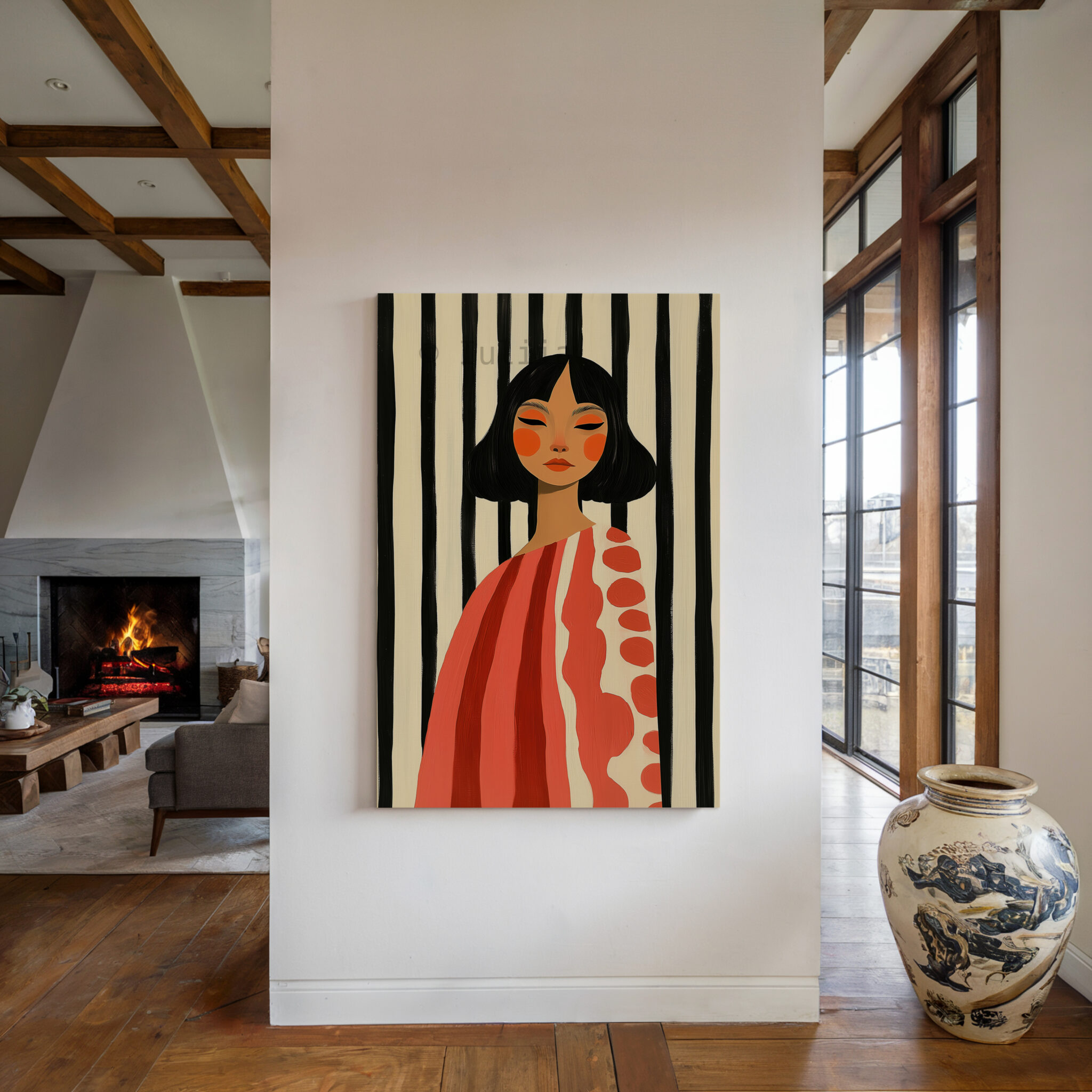 Striped Portrait Canvas, Modern Feminine Wall Art with Coral Tones, Graphic Woman Painting for Chic Scandinavian or Mid Century Decor - photo #4