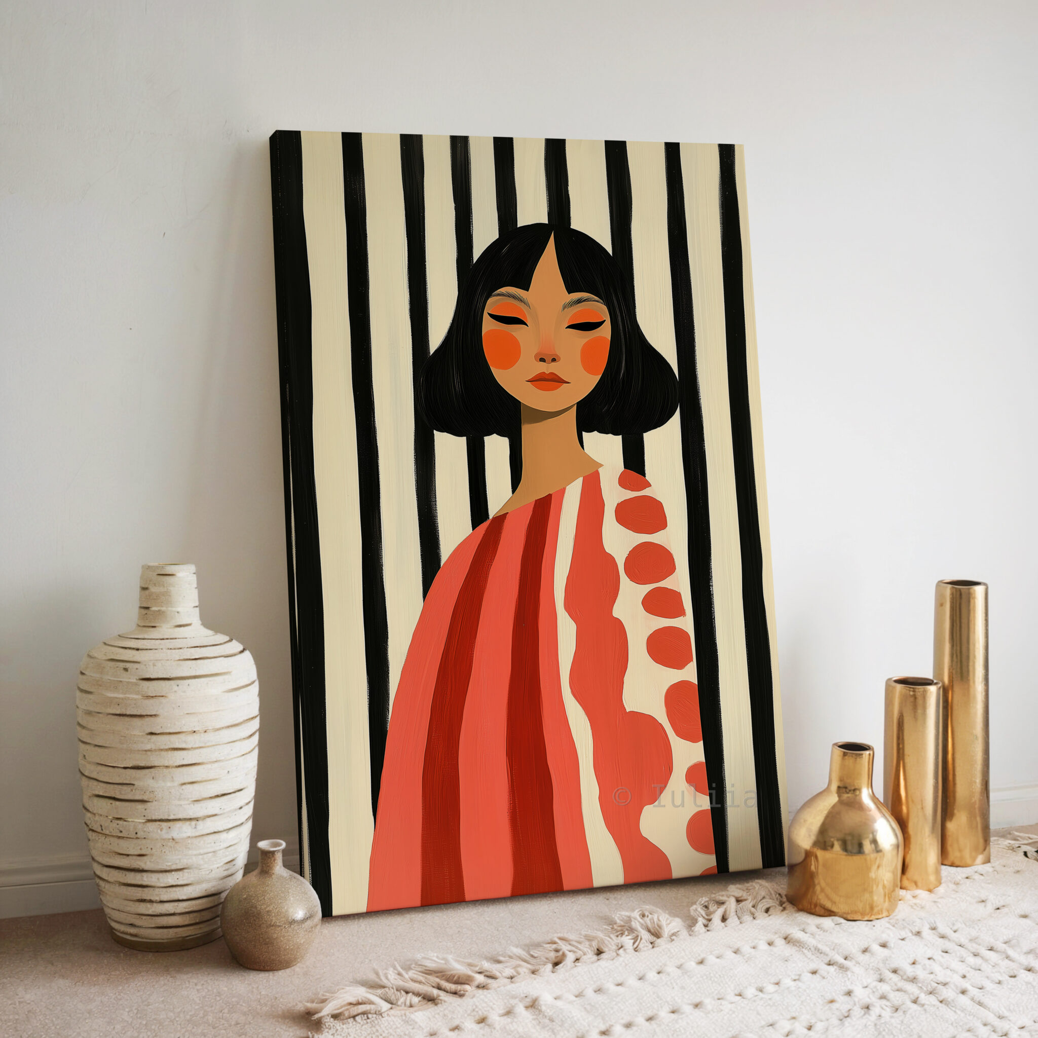 Striped Portrait Canvas, Modern Feminine Wall Art with Coral Tones, Graphic Woman Painting for Chic Scandinavian or Mid Century Decor - photo #6