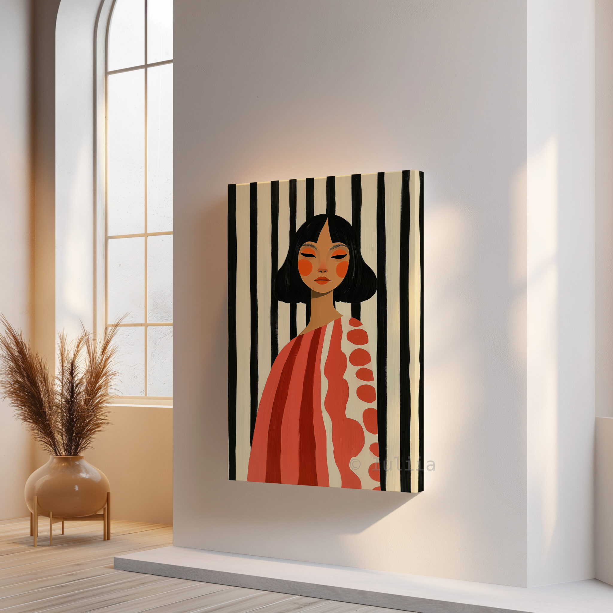 Striped Portrait Canvas, Modern Feminine Wall Art with Coral Tones, Graphic Woman Painting for Chic Scandinavian or Mid Century Decor - photo #13