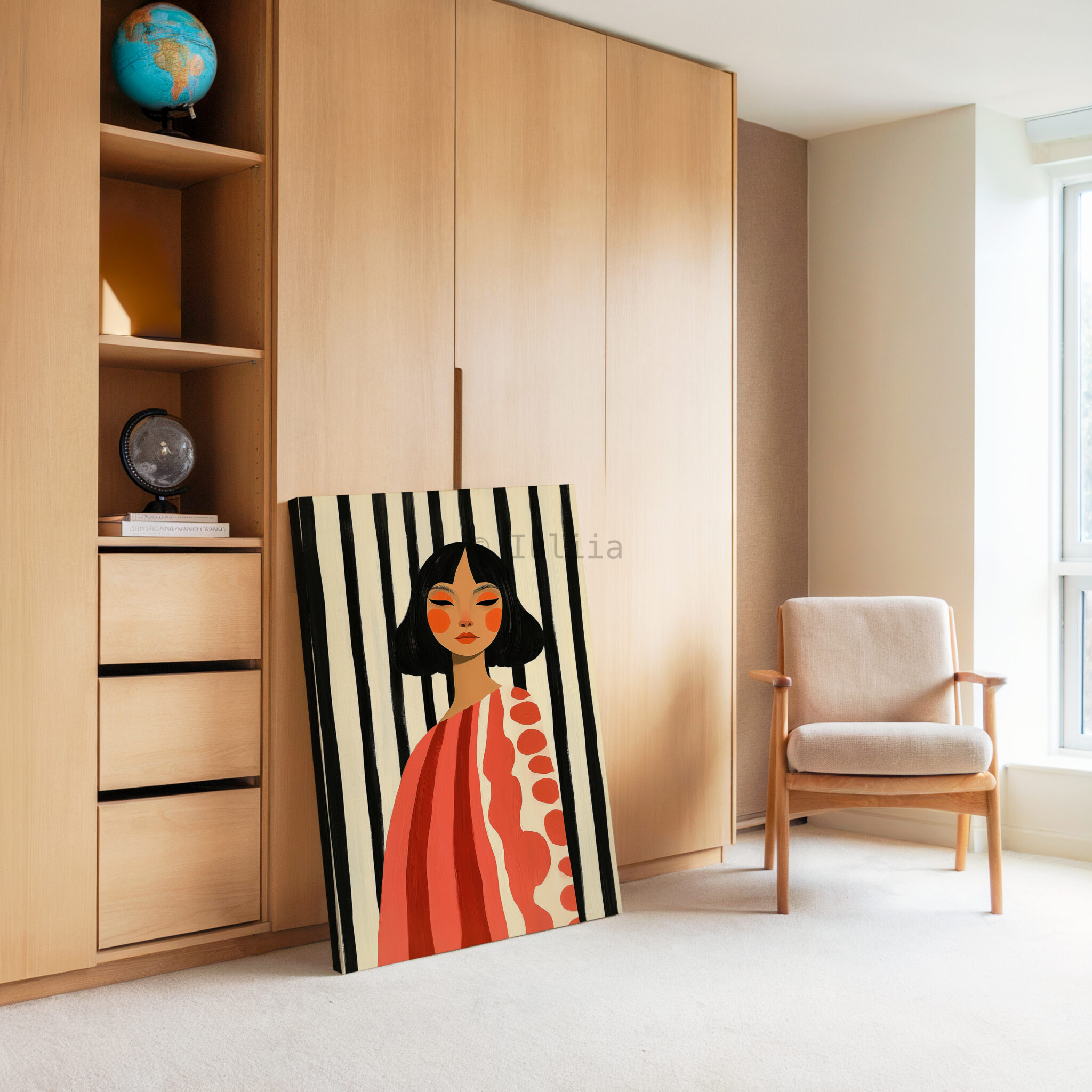 Striped Portrait Canvas, Modern Feminine Wall Art with Coral Tones, Graphic Woman Painting for Chic Scandinavian or Mid Century Decor - photo #2