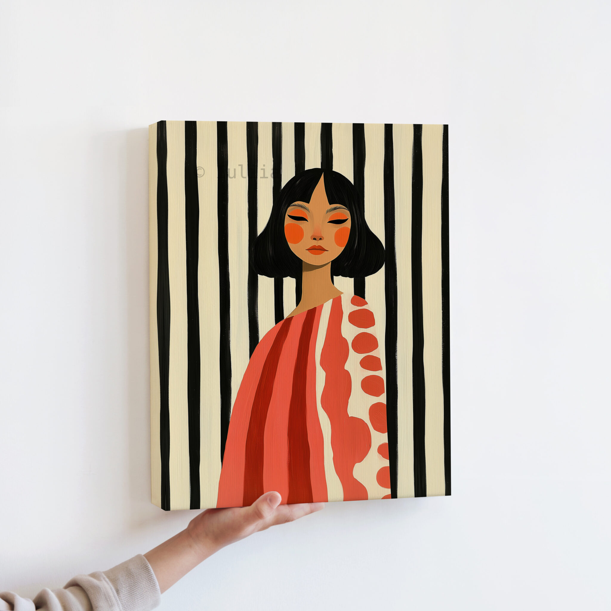 Striped Portrait Canvas, Modern Feminine Wall Art with Coral Tones, Graphic Woman Painting for Chic Scandinavian or Mid Century Decor - photo #11