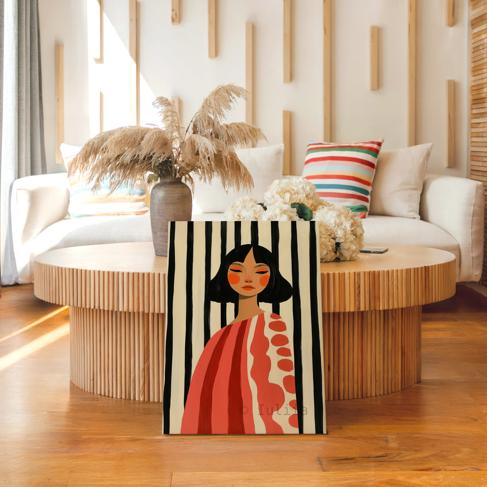 Striped Portrait Canvas, Modern Feminine Wall Art with Coral Tones, Graphic Woman Painting for Chic Scandinavian or Mid Century Decor - photo #14