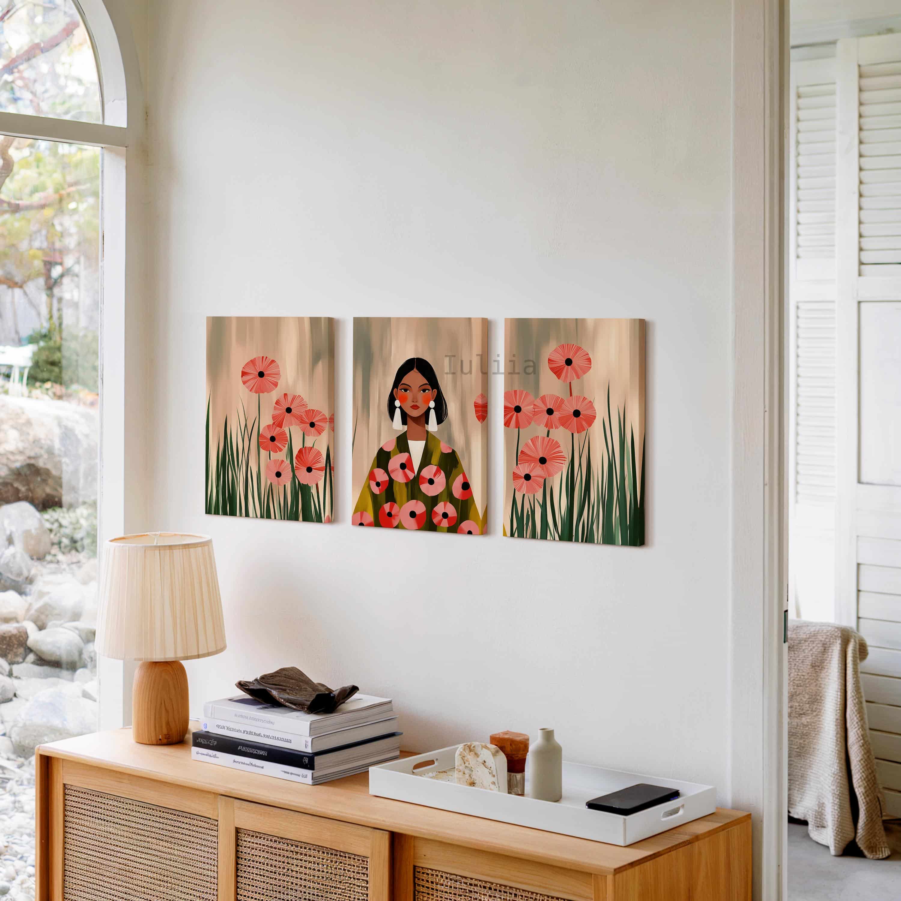 Poppy Flower Art Triptych Canvas, Feminine Portrait Set of 3 in Botanical Garden Style for Warm Living Room Wall Decor - photo #9