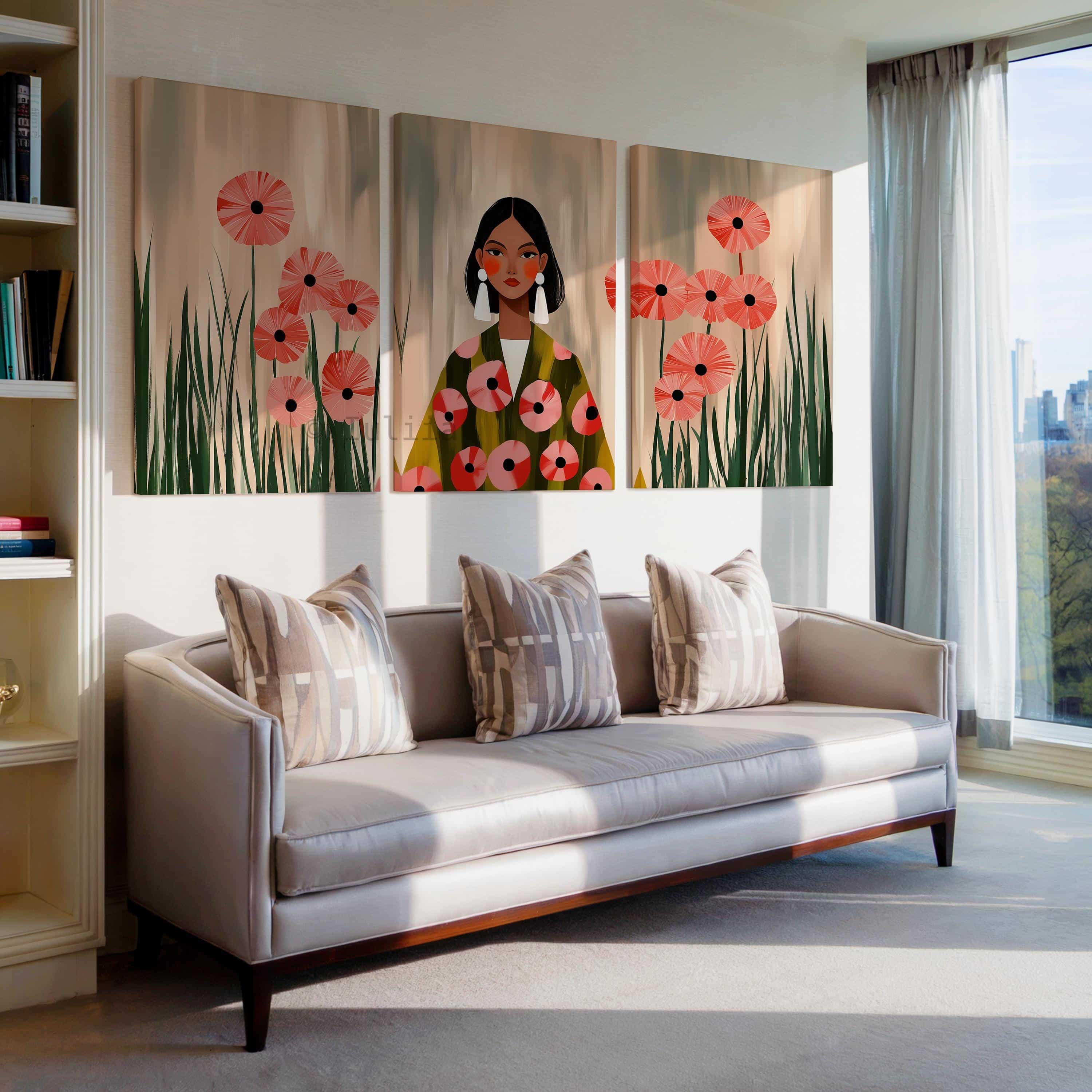 Poppy Flower Art Triptych Canvas, Feminine Portrait Set of 3 in Botanical Garden Style for Warm Living Room Wall Decor - photo #3