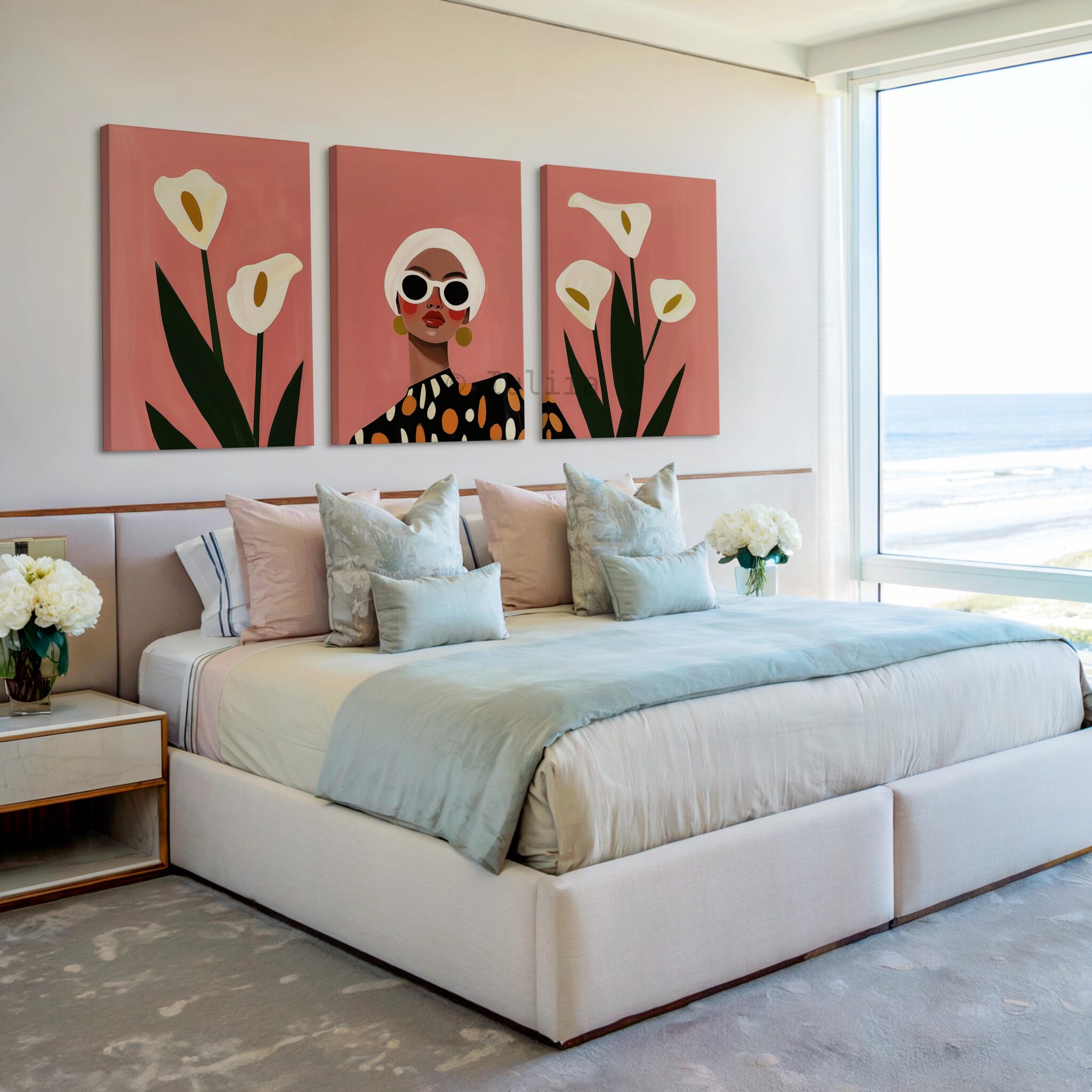 Colorful Wall Art Three Piece Canvas with Calla Lily Flowers and Modern Portrait, Bright Decorative Set for Creative Living Room Styling - photo #2