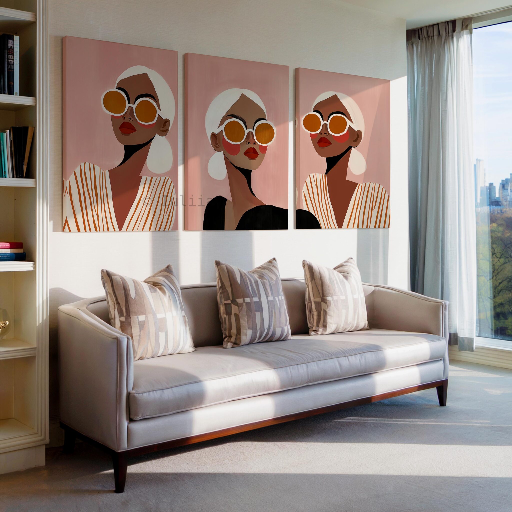 Fashion Canvas Art Three Panels Featuring Repeated Female Portrait in Modern Editorial Style for Chic Bedroom and Stylish Interior Spaces - photo #3
