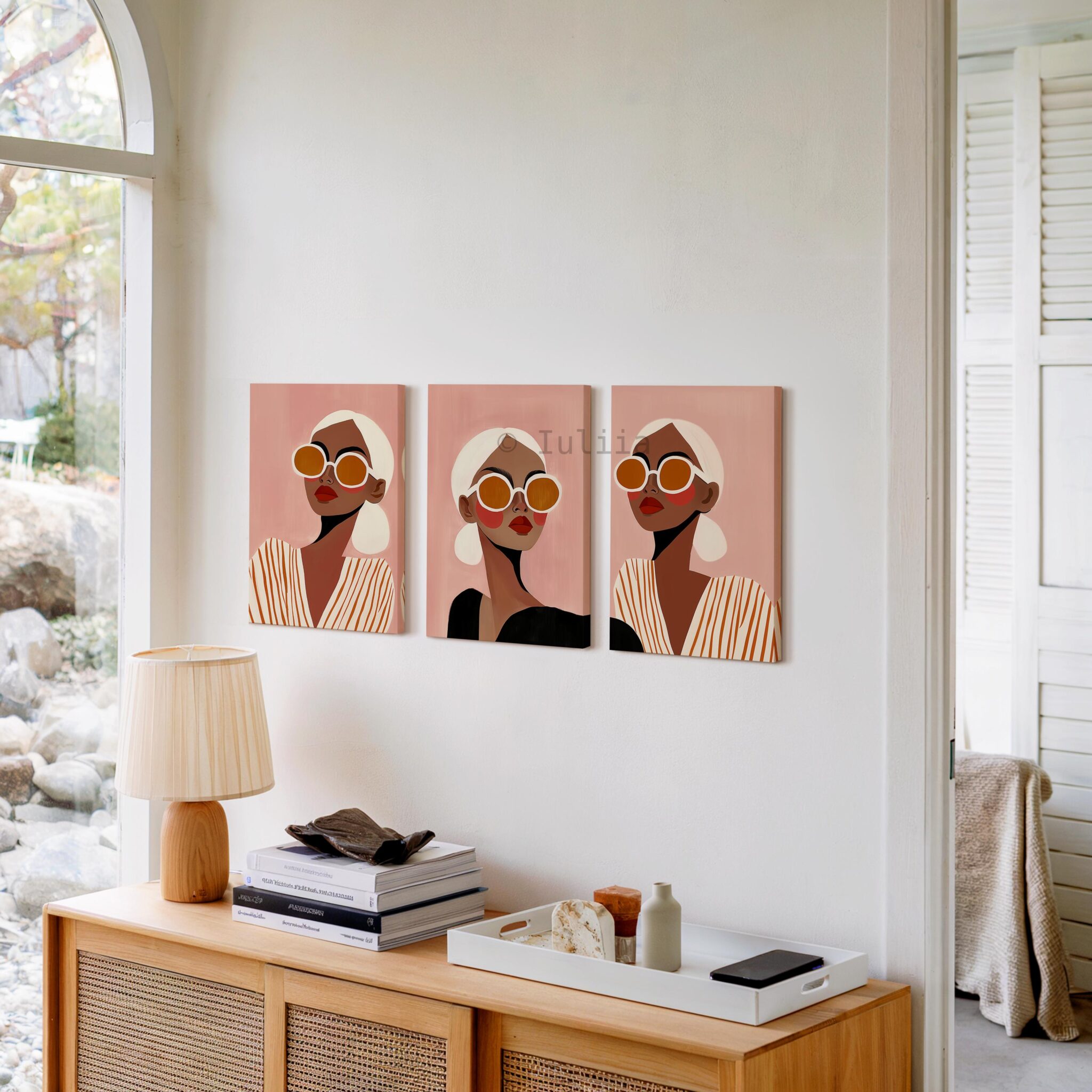 Fashion Canvas Art Three Panels Featuring Repeated Female Portrait in Modern Editorial Style for Chic Bedroom and Stylish Interior Spaces - photo #9