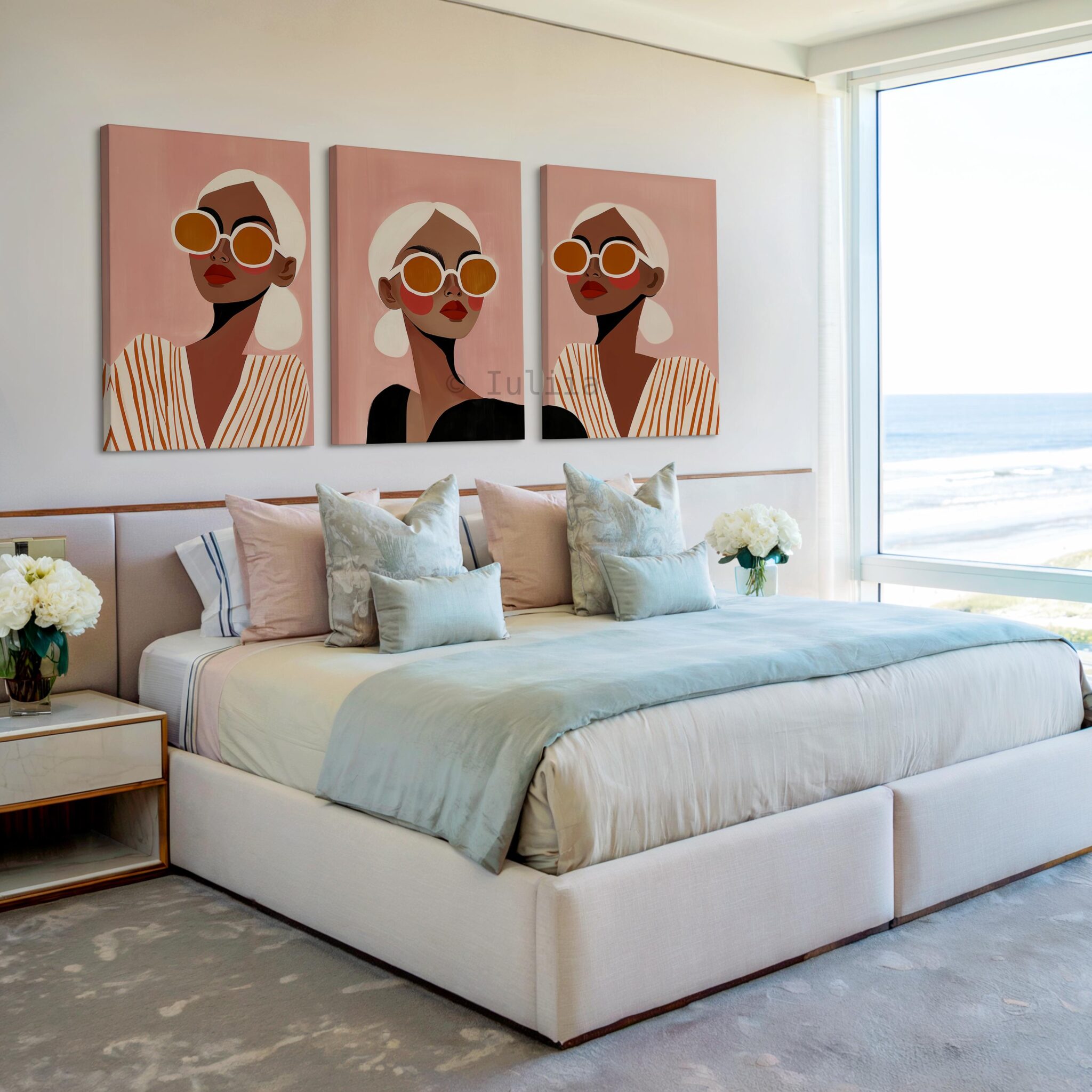 Fashion Canvas Art Three Panels Featuring Repeated Female Portrait in Modern Editorial Style for Chic Bedroom and Stylish Interior Spaces - photo #2