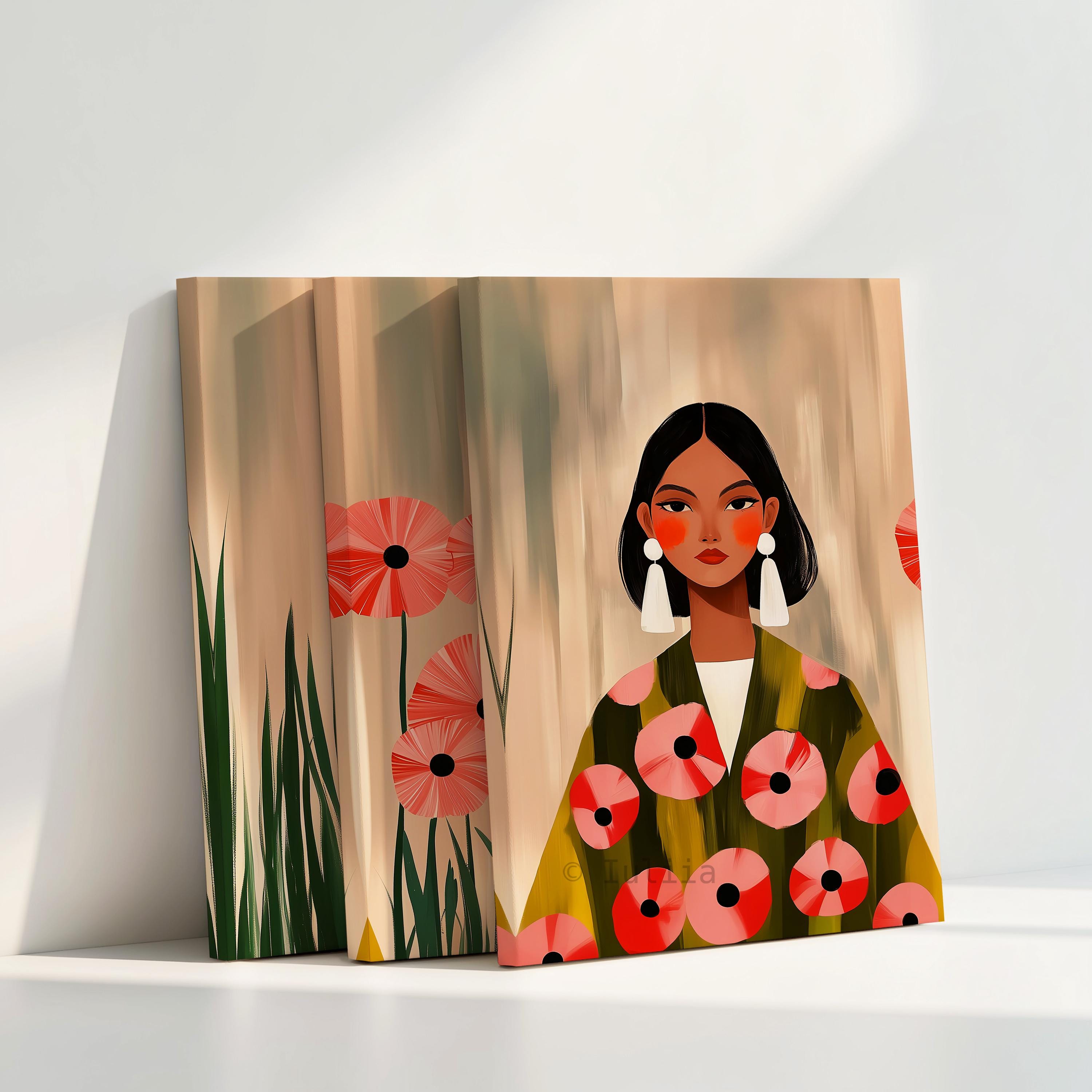 Poppy Flower Art Triptych Canvas, Feminine Portrait Set of 3 in Botanical Garden Style for Warm Living Room Wall Decor - photo #4