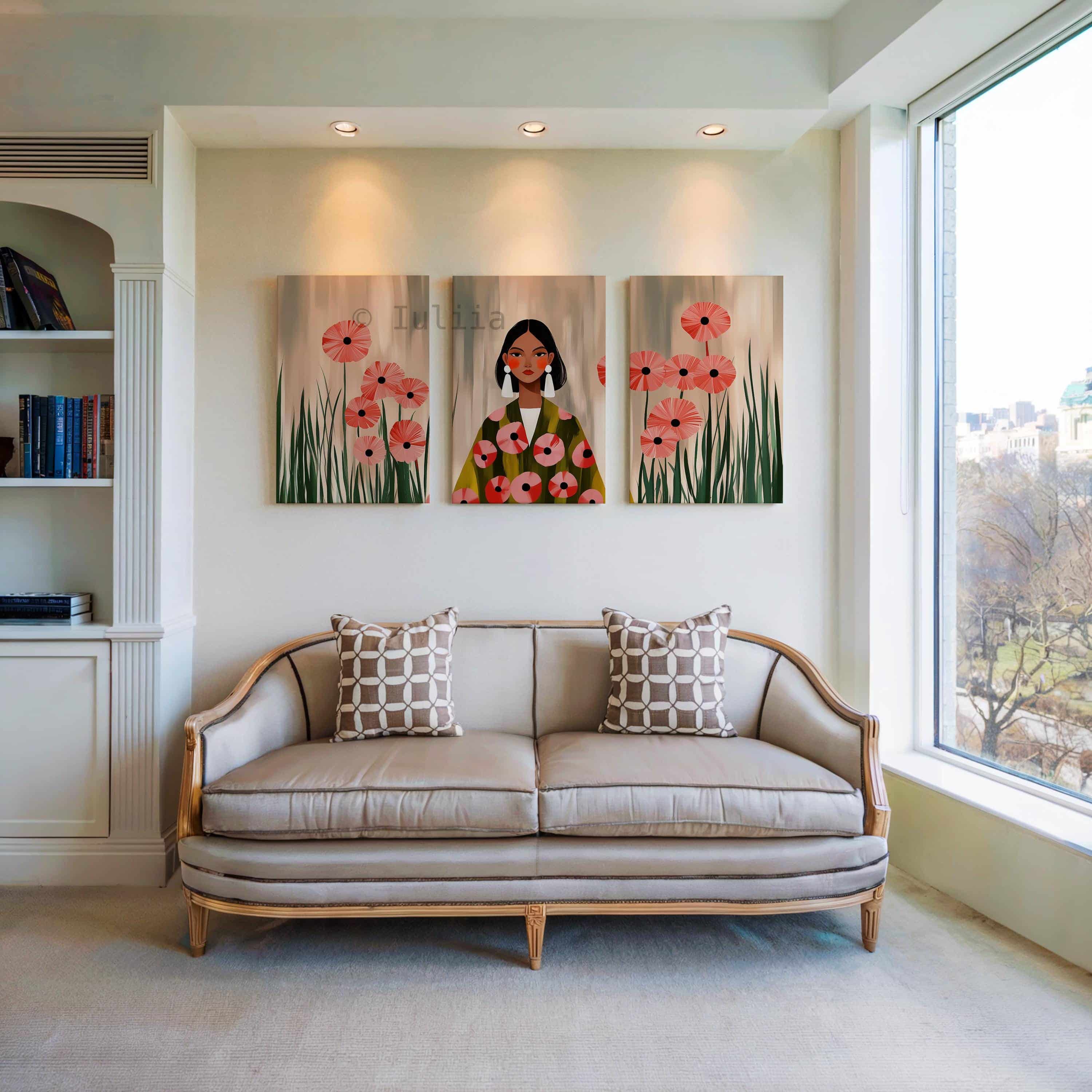 Poppy Flower Art Triptych Canvas, Feminine Portrait Set of 3 in Botanical Garden Style for Warm Living Room Wall Decor - photo #2
