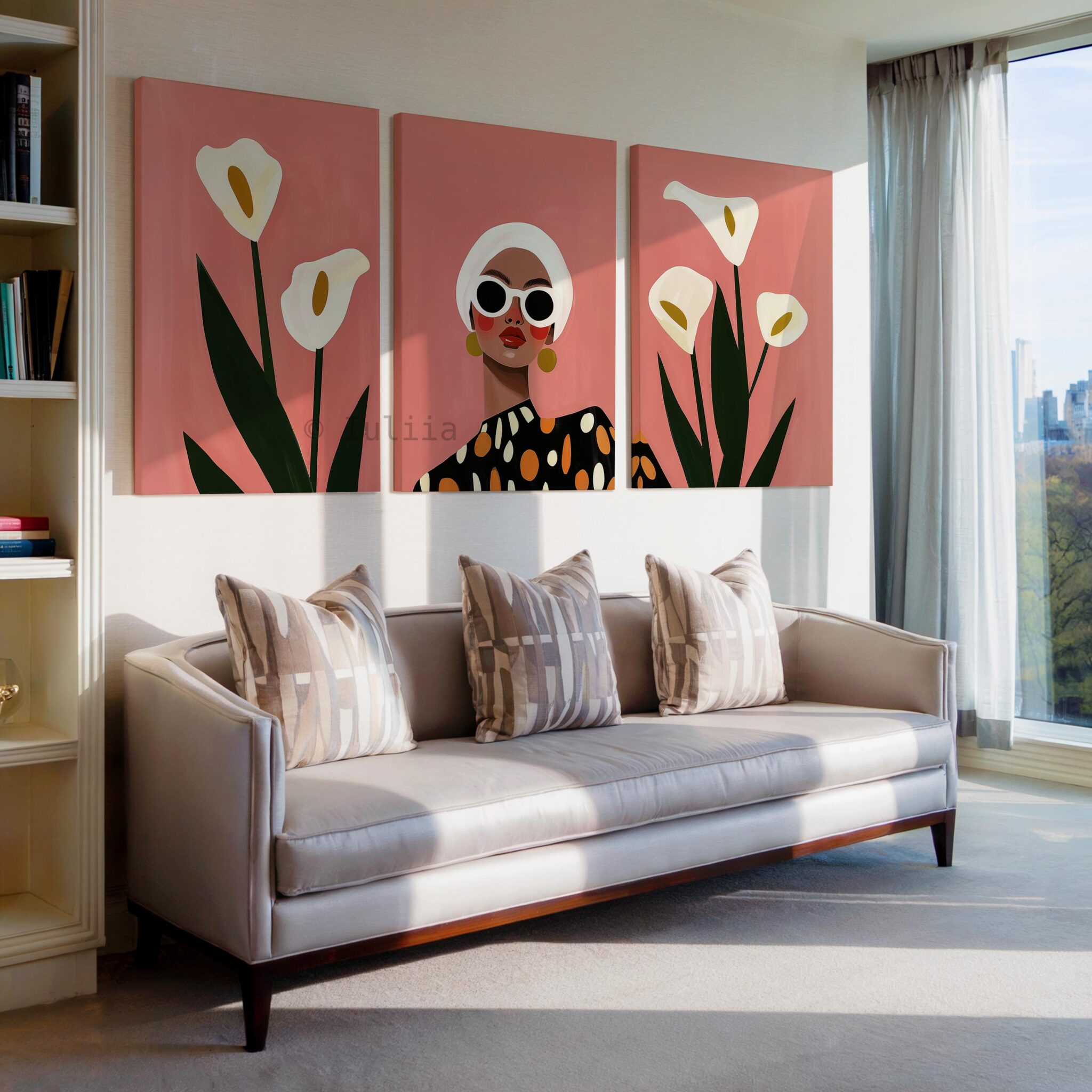 Colorful Wall Art Three Piece Canvas with Calla Lily Flowers and Modern Portrait, Bright Decorative Set for Creative Living Room Styling - photo #3