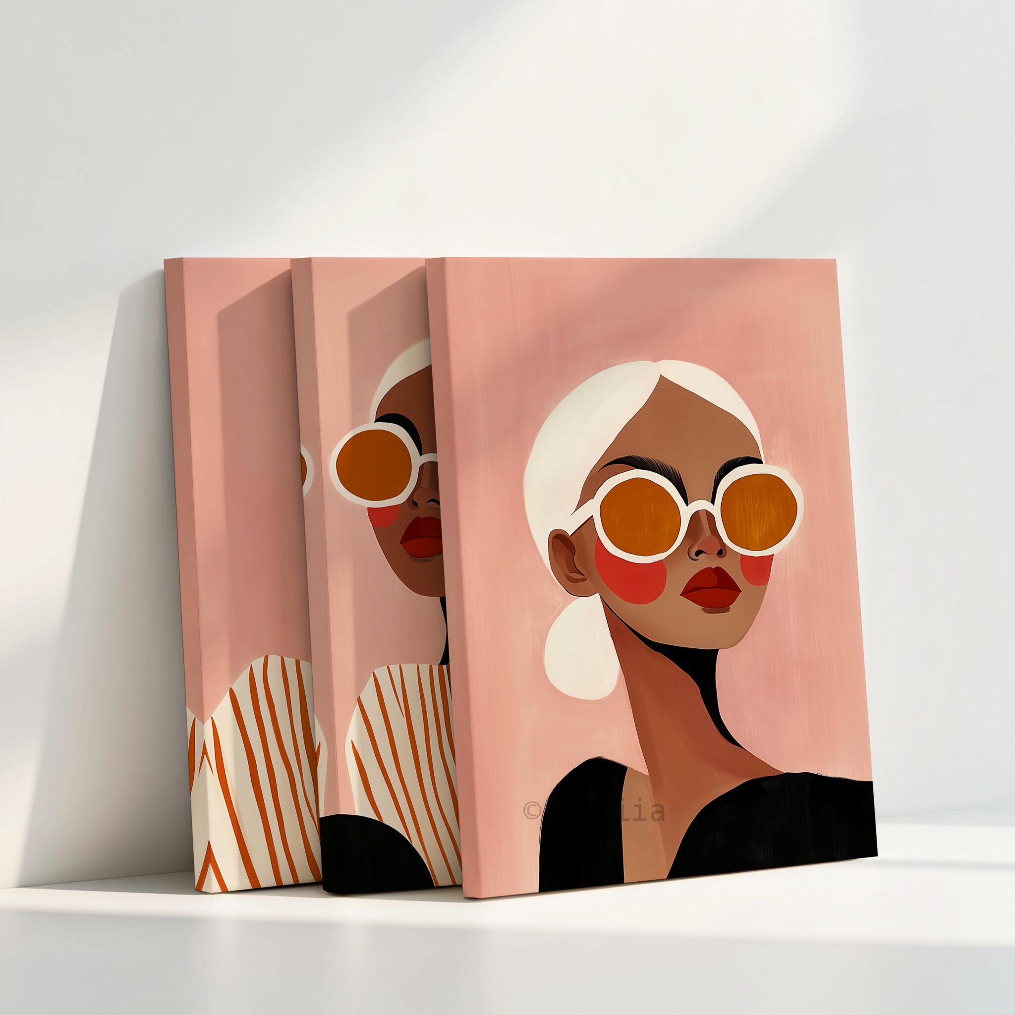 Fashion Canvas Art Three Panels Featuring Repeated Female Portrait in Modern Editorial Style for Chic Bedroom and Stylish Interior Spaces - photo #4