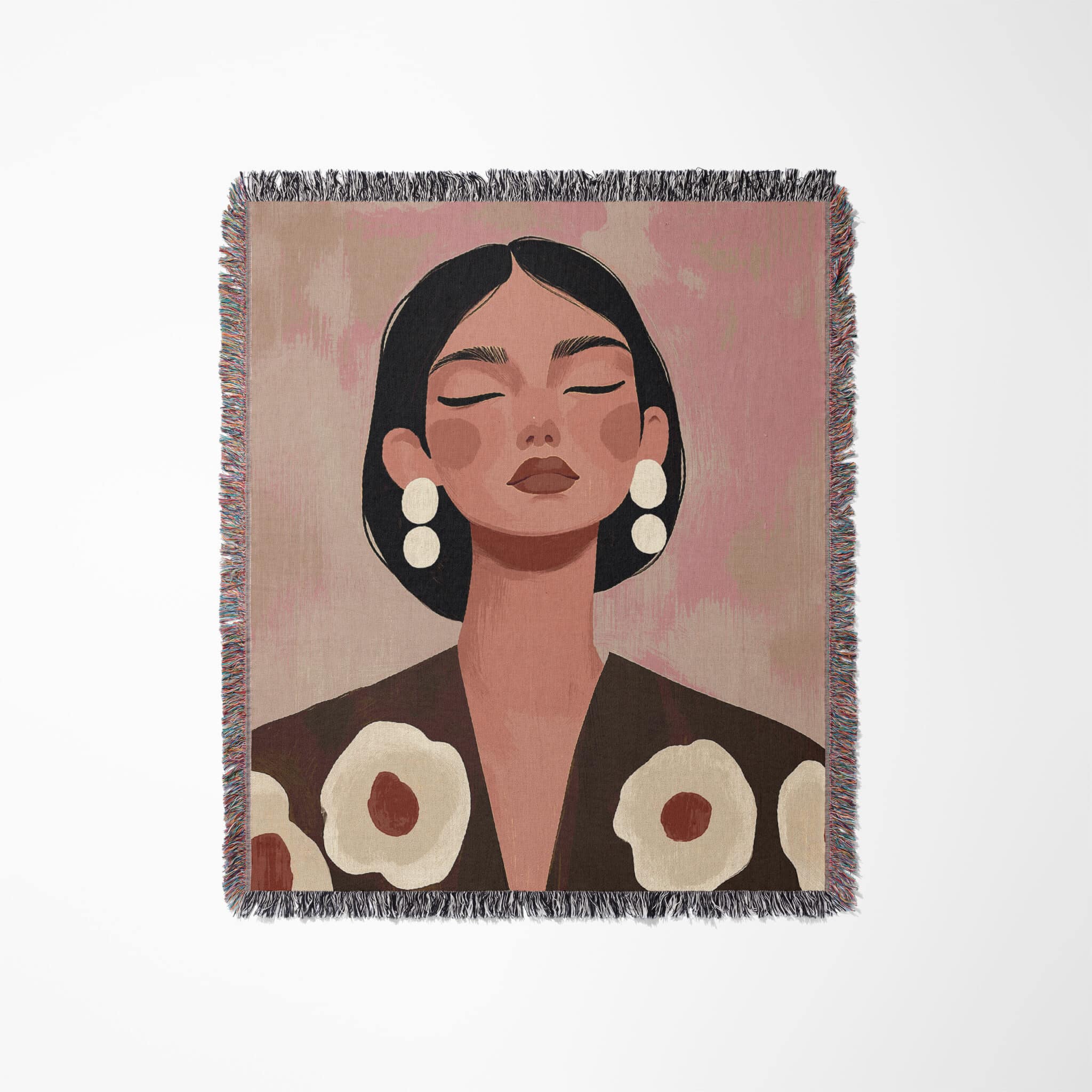 Feminine Throw Blanket Jacquard Woven Cotton, Modern Woman Portrait with Floral Artwork, Neutral Bedroom Living Room Decor - photo #1