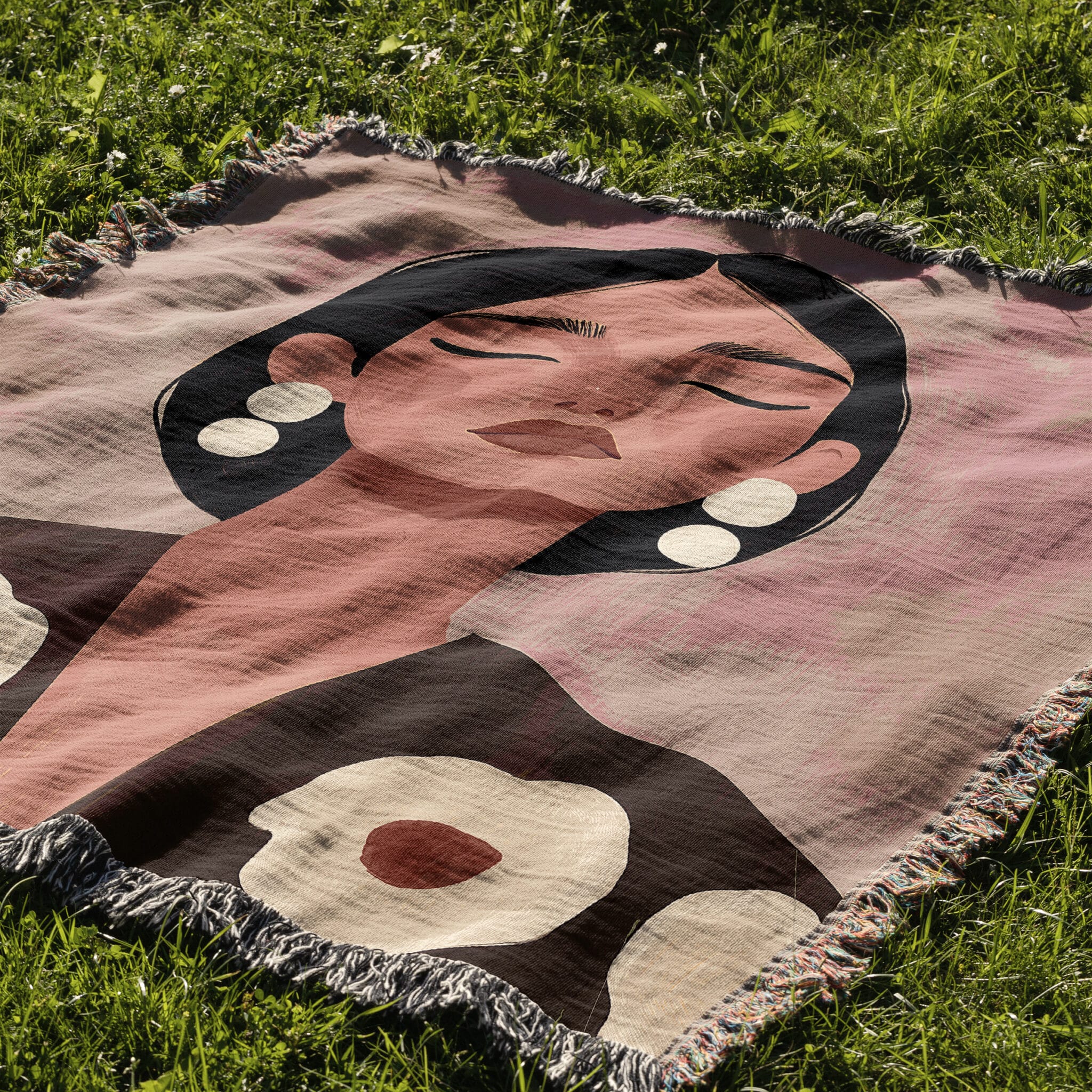 Feminine Throw Blanket Jacquard Woven Cotton, Modern Woman Portrait with Floral Artwork, Neutral Bedroom Living Room Decor - photo #10