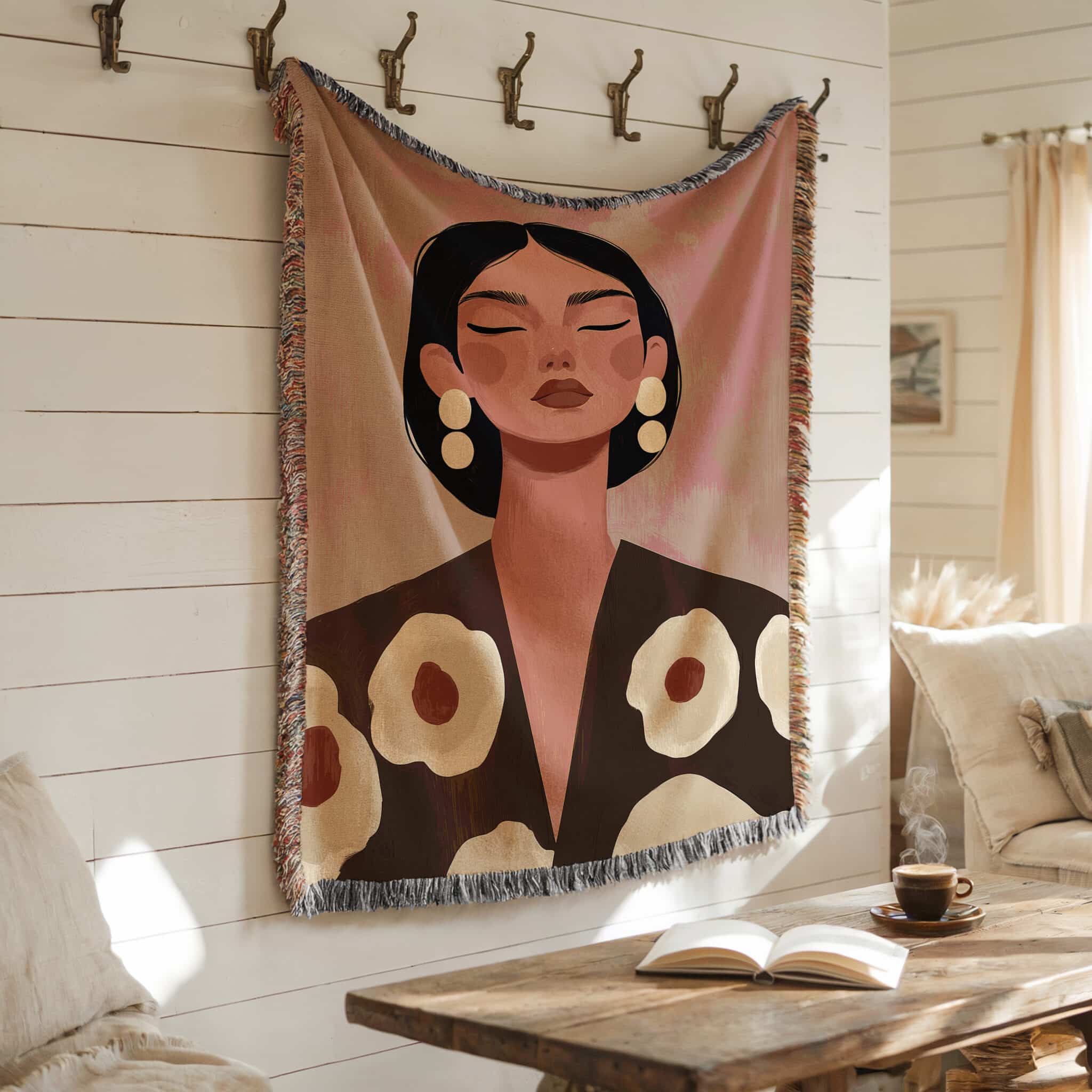 Feminine Throw Blanket Jacquard Woven Cotton, Modern Woman Portrait with Floral Artwork, Neutral Bedroom Living Room Decor - photo #6