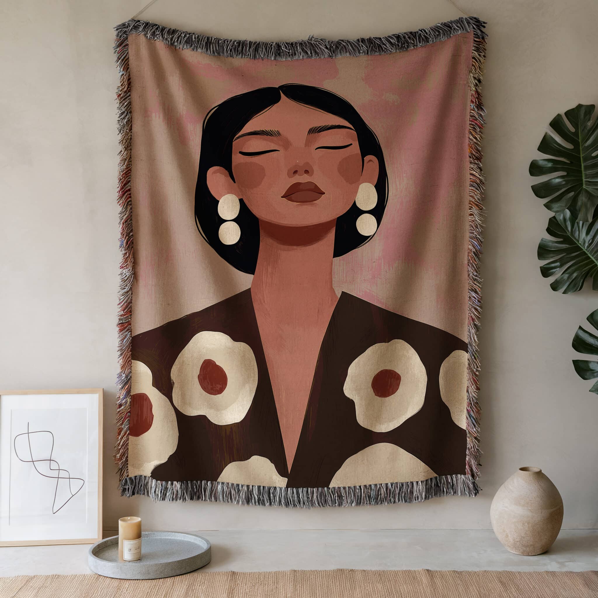 Feminine Throw Blanket Jacquard Woven Cotton, Modern Woman Portrait with Floral Artwork, Neutral Bedroom Living Room Decor