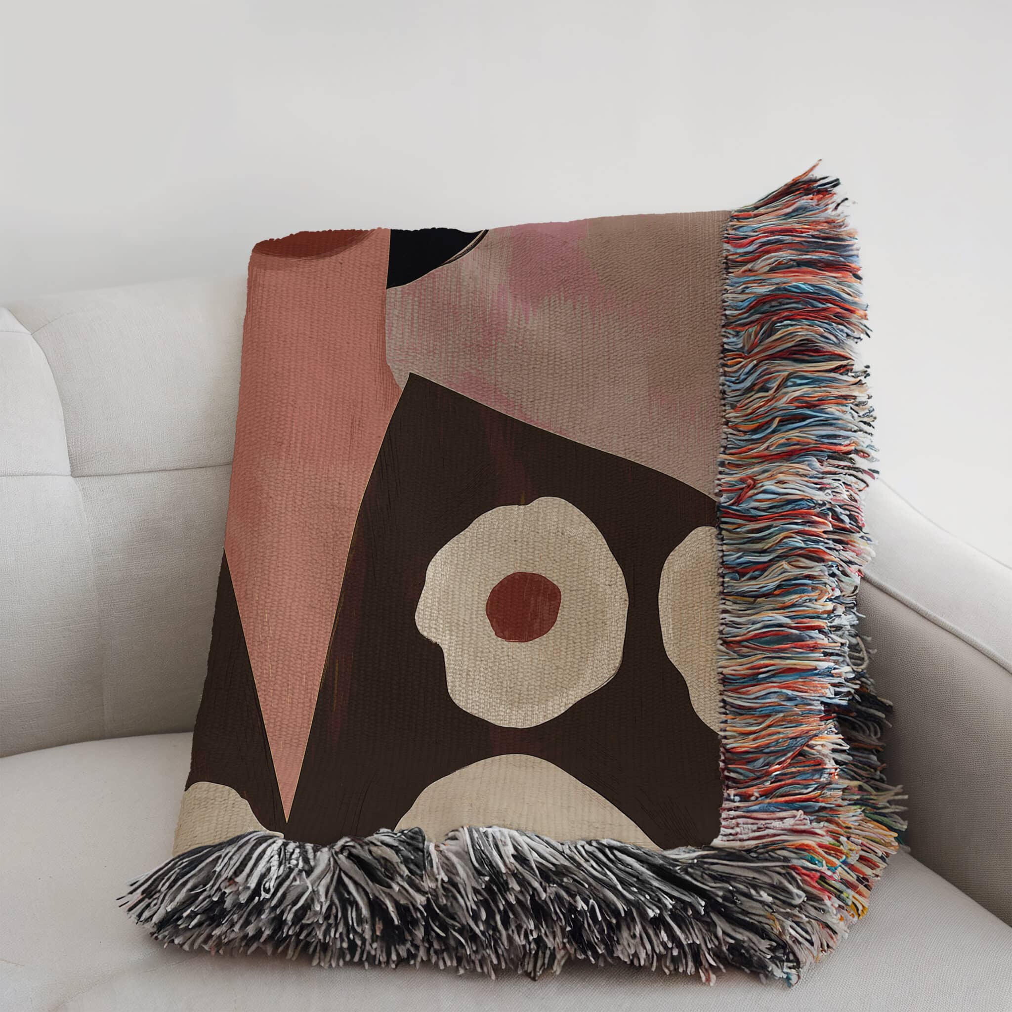 Feminine Throw Blanket Jacquard Woven Cotton, Modern Woman Portrait with Floral Artwork, Neutral Bedroom Living Room Decor - photo #3