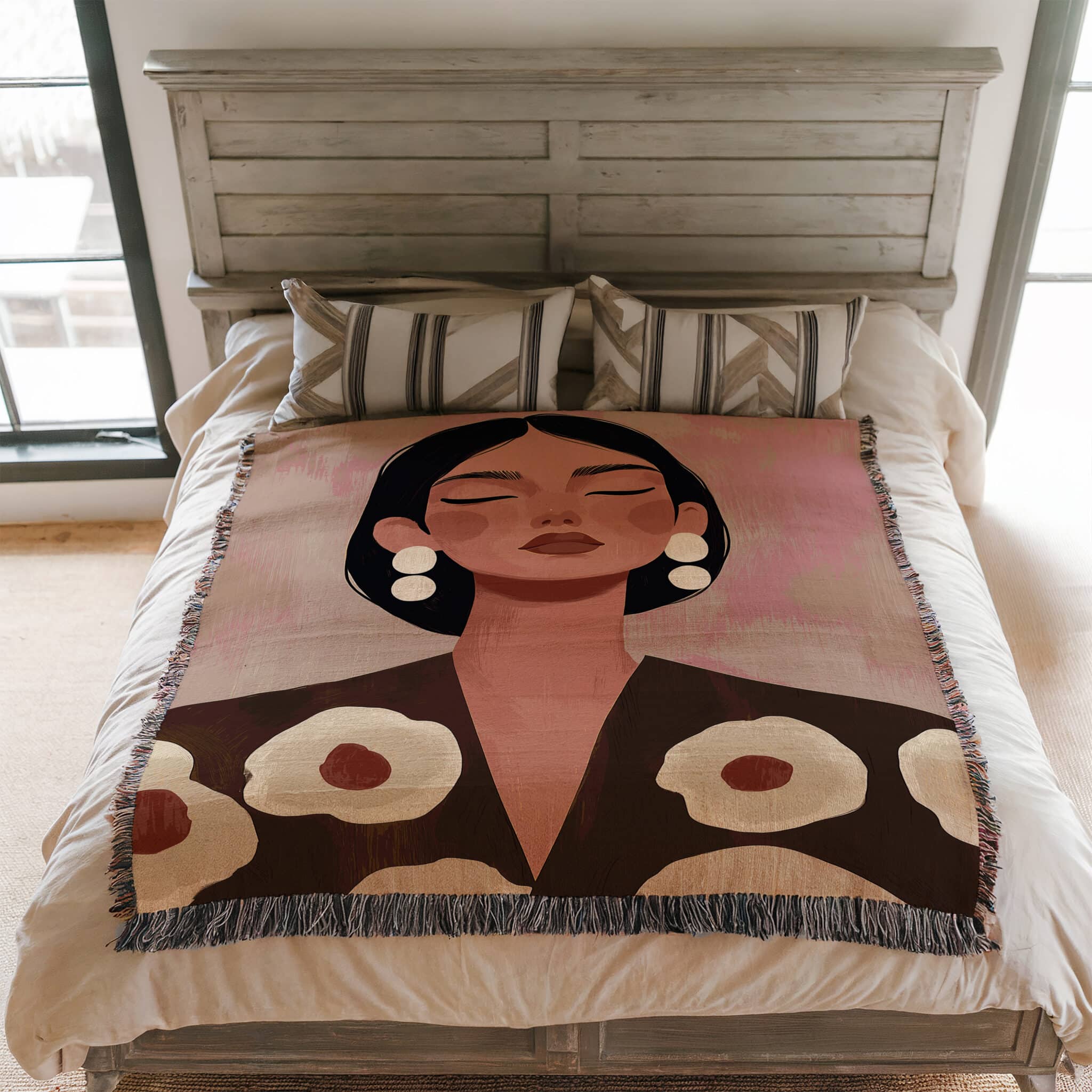 Feminine Throw Blanket Jacquard Woven Cotton, Modern Woman Portrait with Floral Artwork, Neutral Bedroom Living Room Decor - photo #2