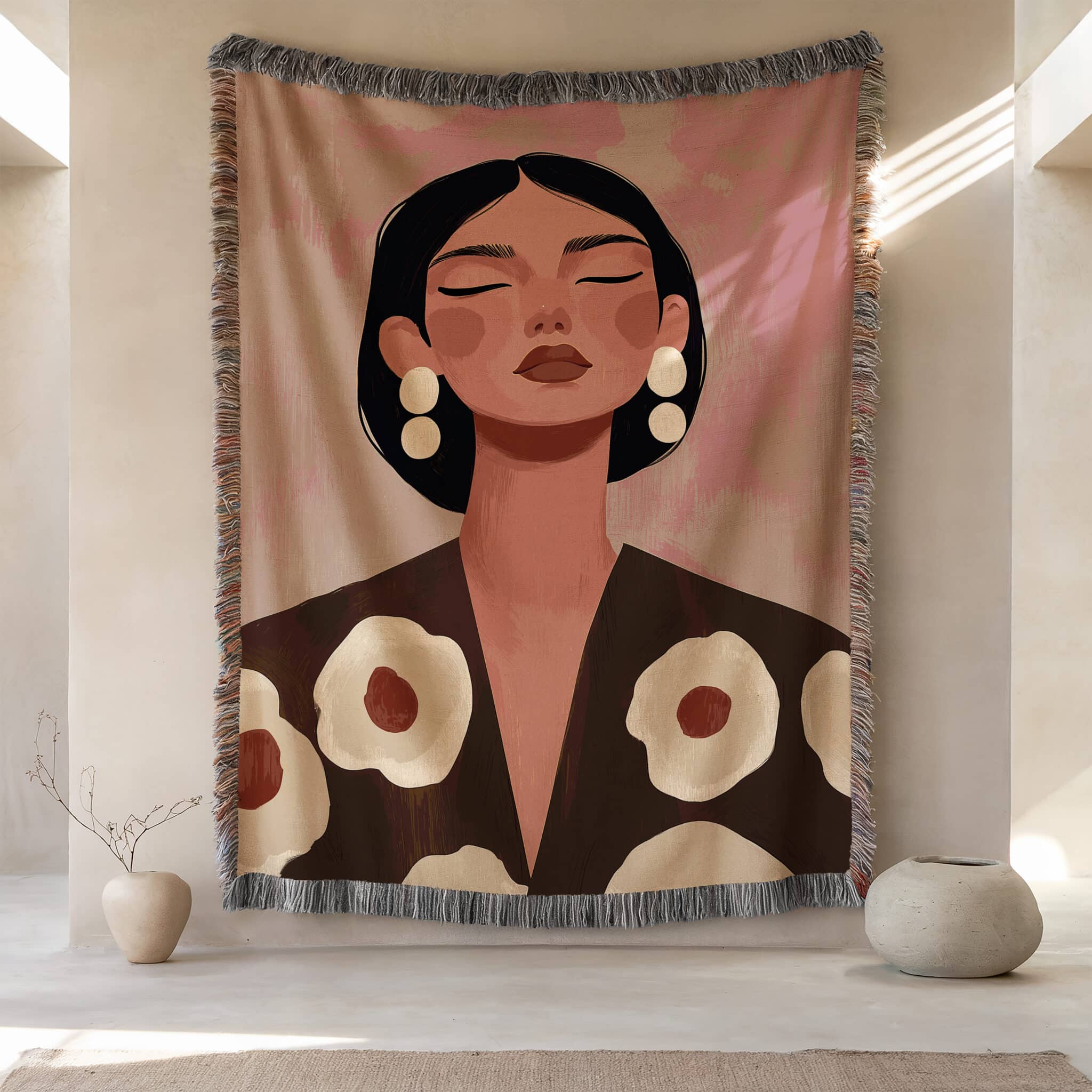 Feminine Throw Blanket Jacquard Woven Cotton, Modern Woman Portrait with Floral Artwork, Neutral Bedroom Living Room Decor - photo #9