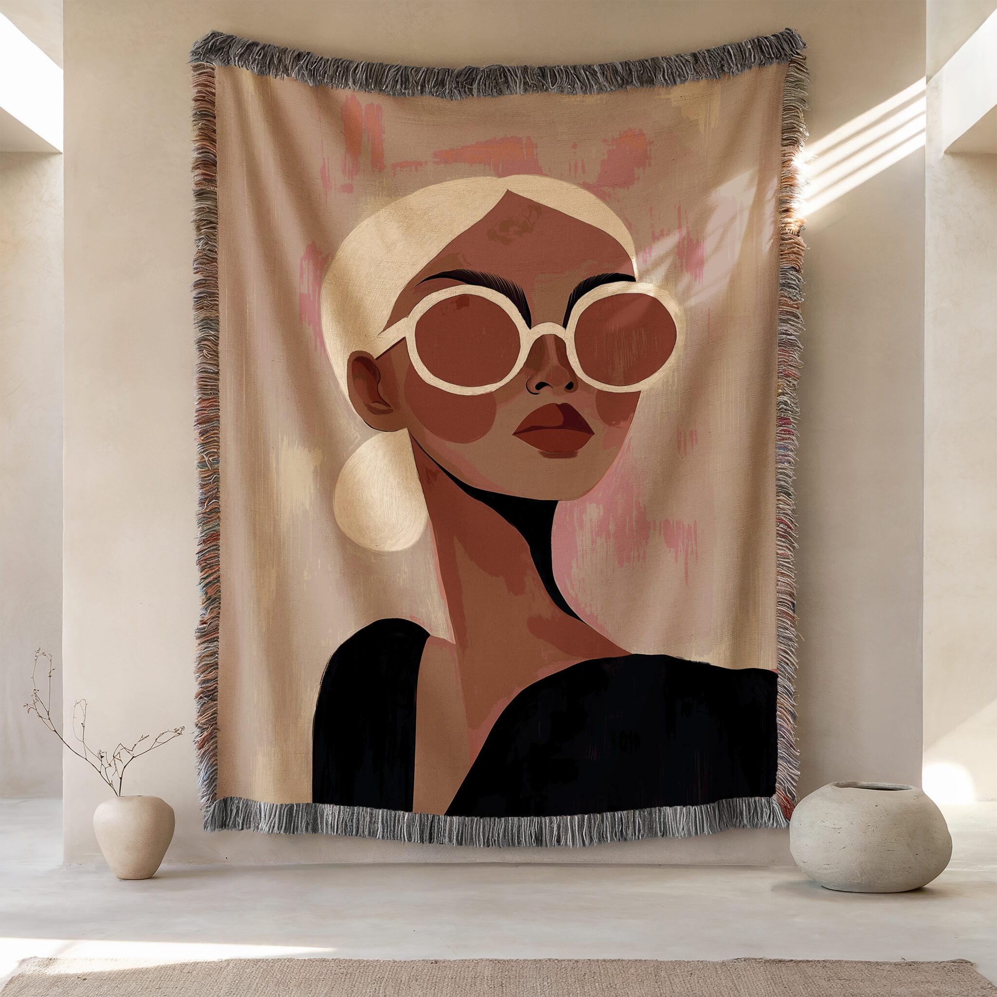 Fashion Throw Blanket Jacquard Woven Cotton, Editorial Woman Portrait, Modern Textile Art for Chic Bedroom Living Room Decor - photo #9