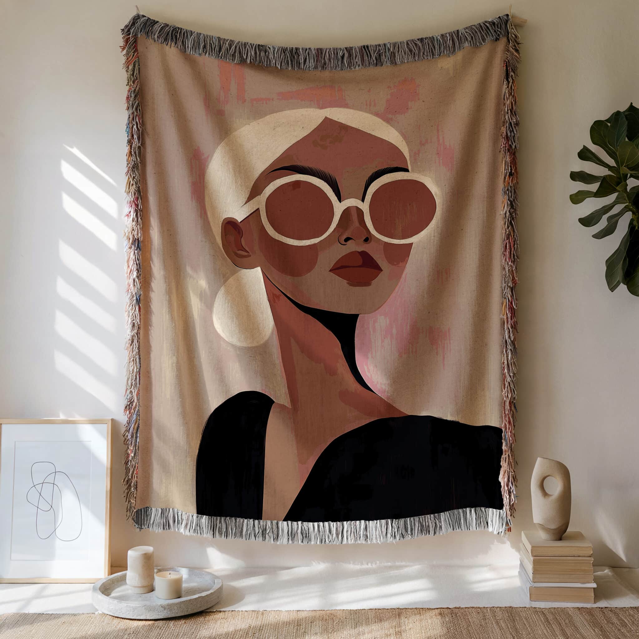Fashion Throw Blanket Jacquard Woven Cotton, Editorial Woman Portrait, Modern Textile Art for Chic Bedroom Living Room Decor