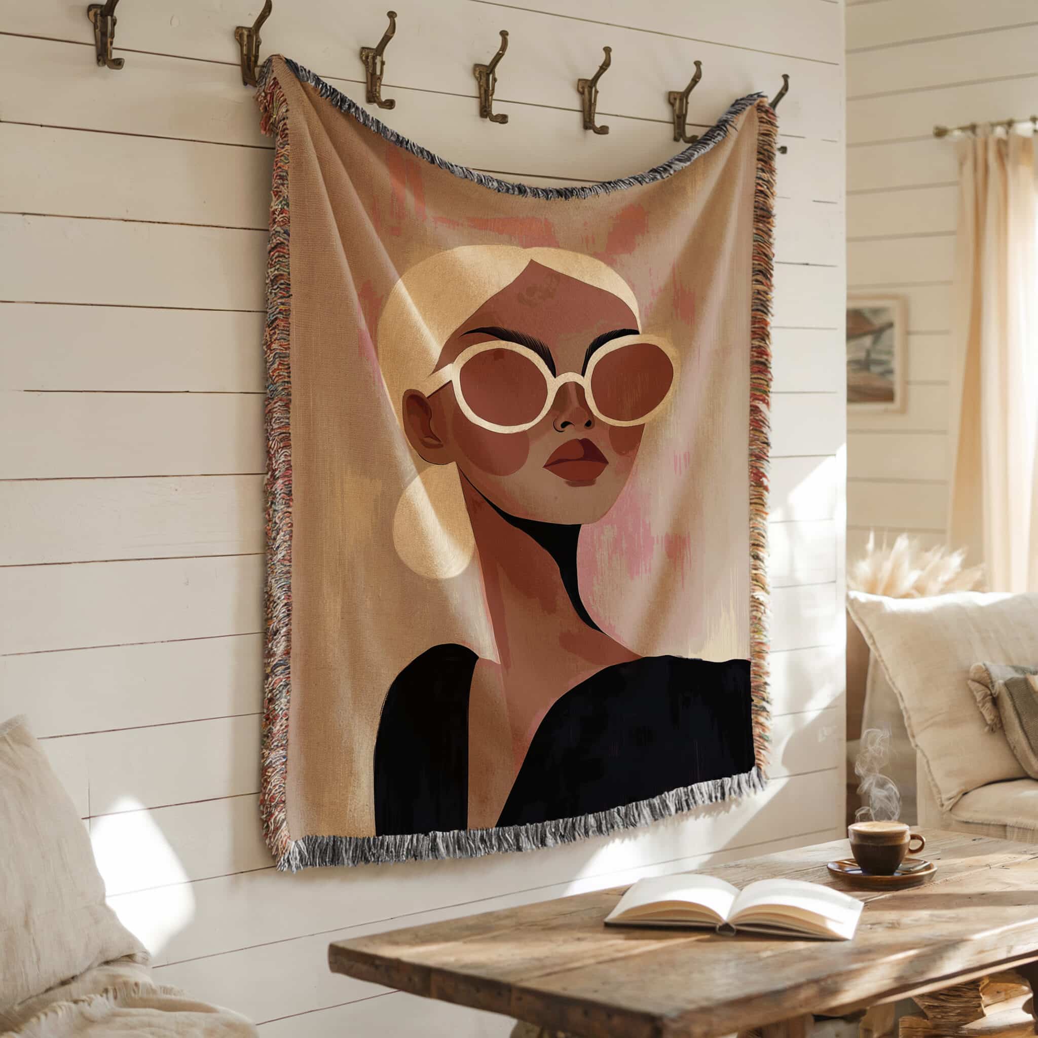 Fashion Throw Blanket Jacquard Woven Cotton, Editorial Woman Portrait, Modern Textile Art for Chic Bedroom Living Room Decor - photo #6