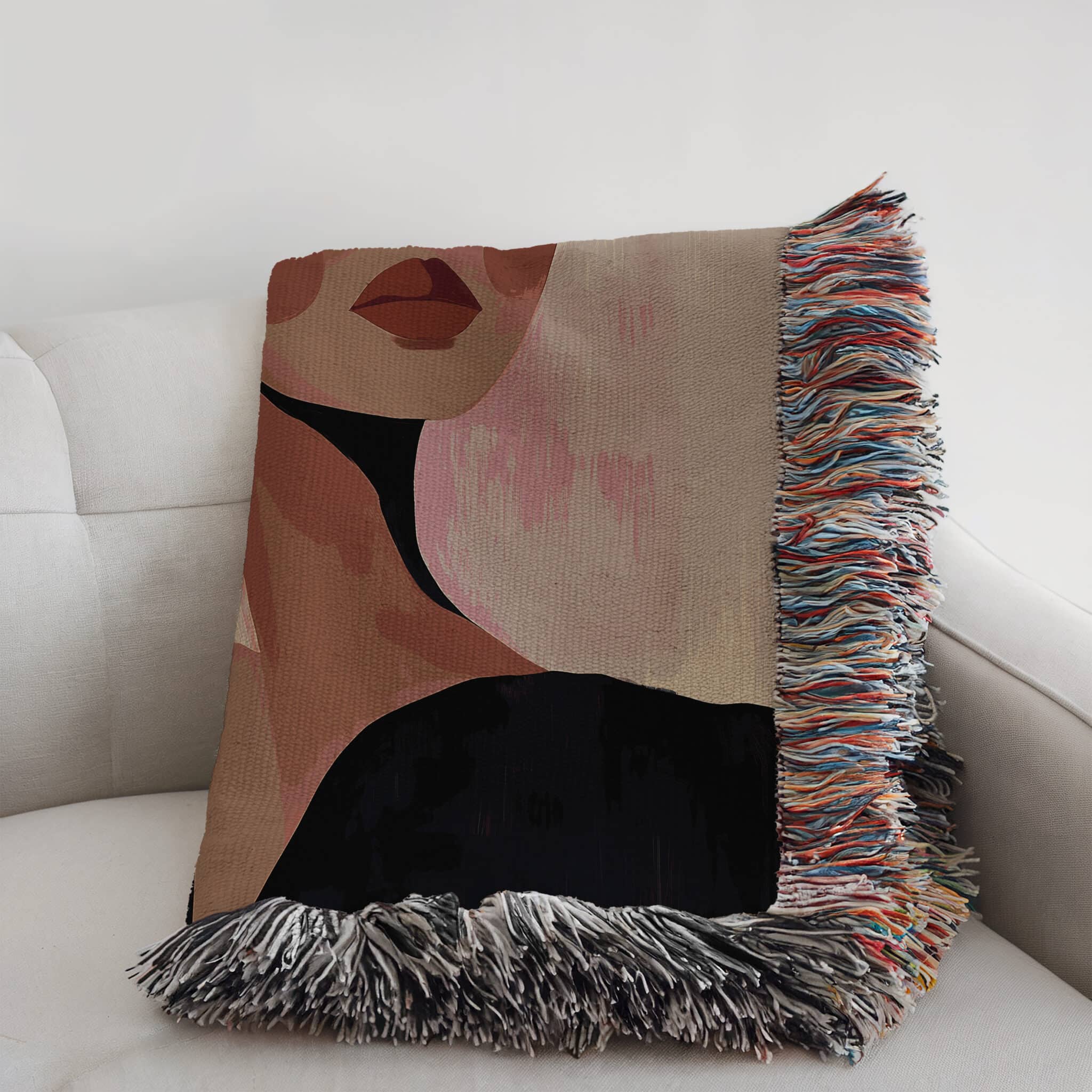 Fashion Throw Blanket Jacquard Woven Cotton, Editorial Woman Portrait, Modern Textile Art for Chic Bedroom Living Room Decor - photo #3