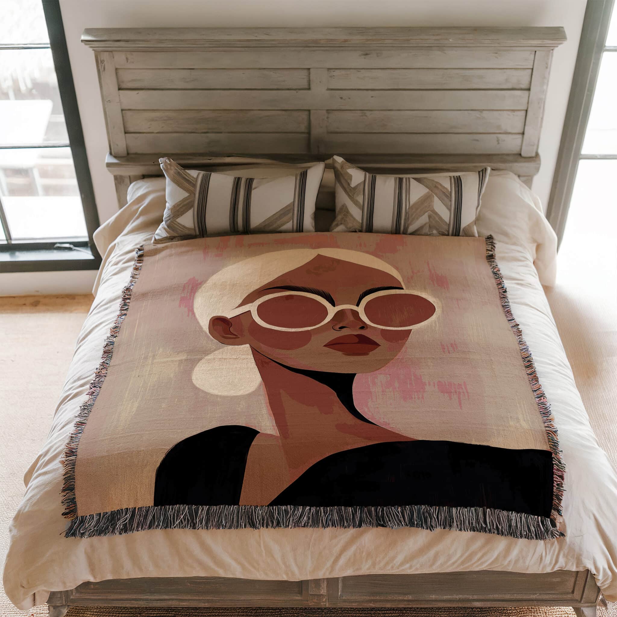 Fashion Throw Blanket Jacquard Woven Cotton, Editorial Woman Portrait, Modern Textile Art for Chic Bedroom Living Room Decor - photo #2