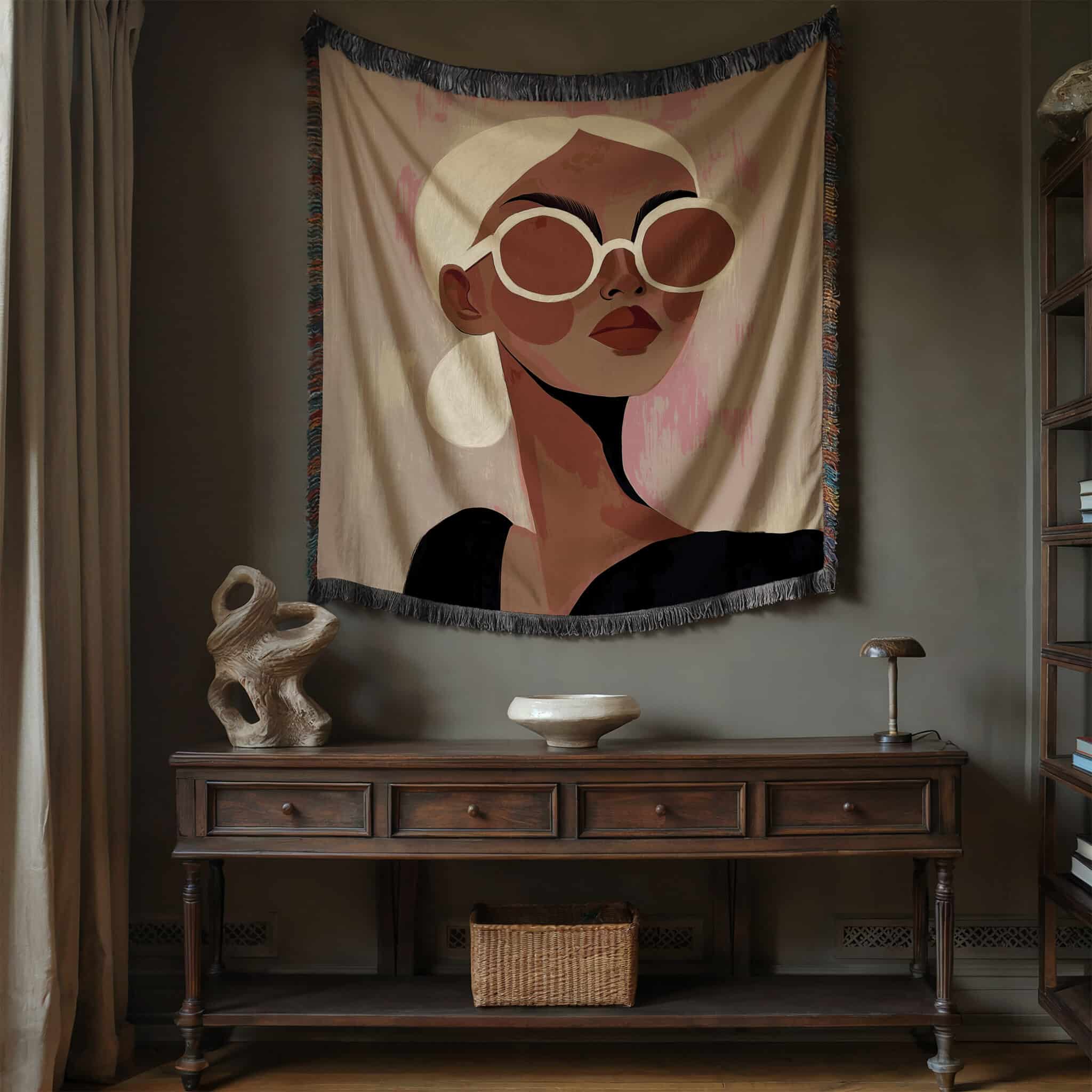 Fashion Throw Blanket Jacquard Woven Cotton, Editorial Woman Portrait, Modern Textile Art for Chic Bedroom Living Room Decor - photo #11