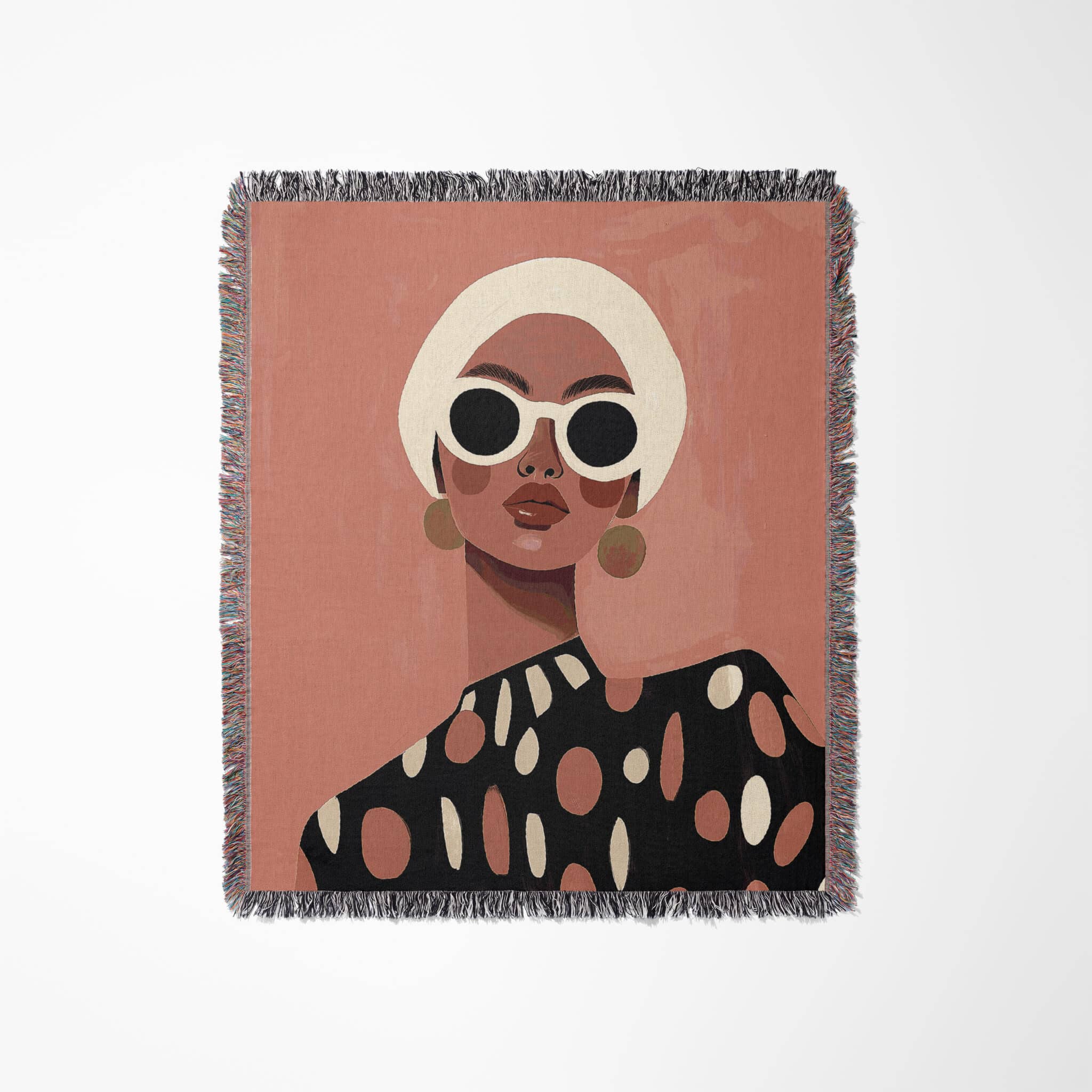 Patterned Throw Blanket Jacquard Woven Cotton, Woman Portrait, Polka Dot Design for Modern Bedroom Living Room Decor - photo #1