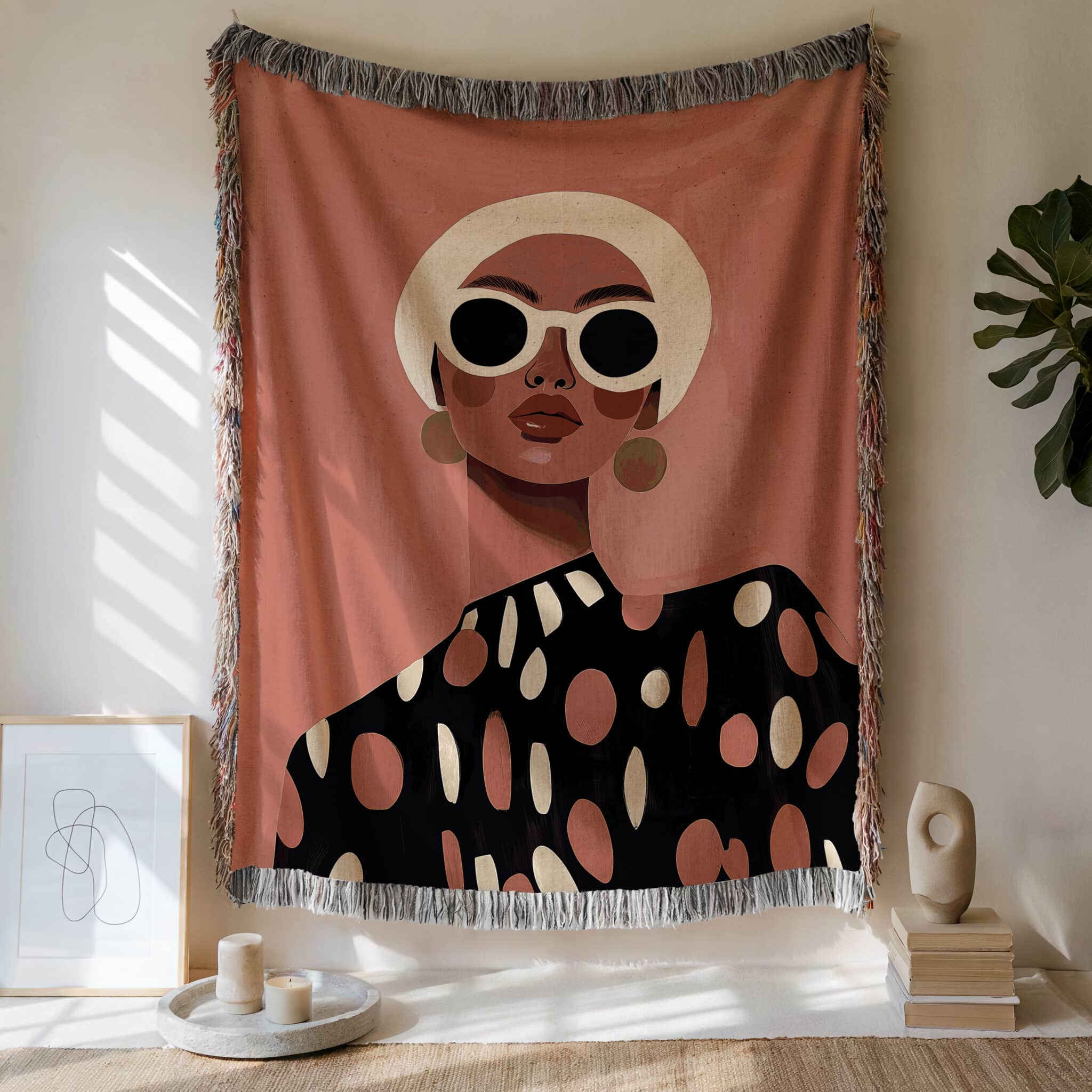 Patterned Throw Blanket Jacquard Woven Cotton, Woman Portrait, Polka Dot Design for Modern Bedroom Living Room Decor