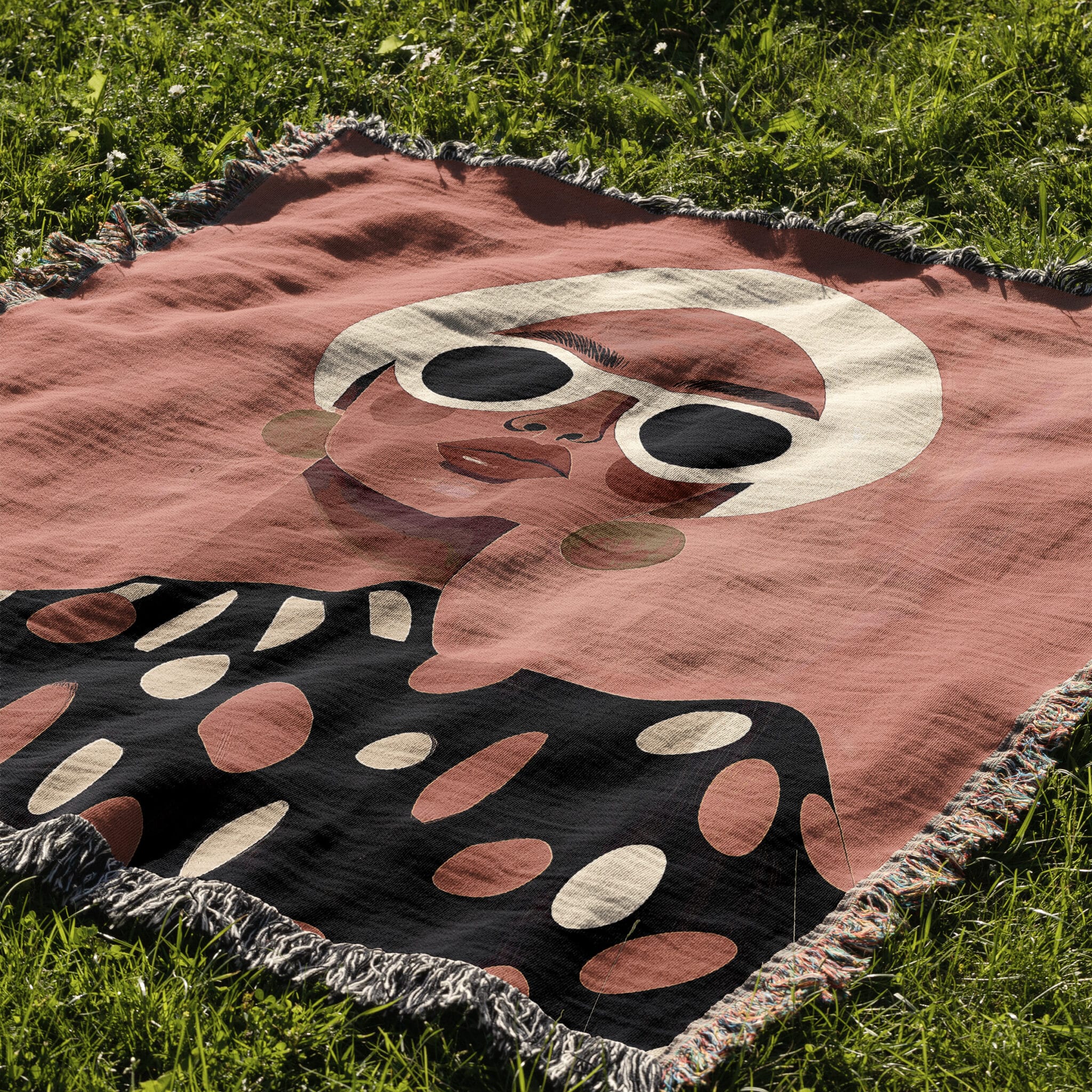 Patterned Throw Blanket Jacquard Woven Cotton, Woman Portrait, Polka Dot Design for Modern Bedroom Living Room Decor - photo #10