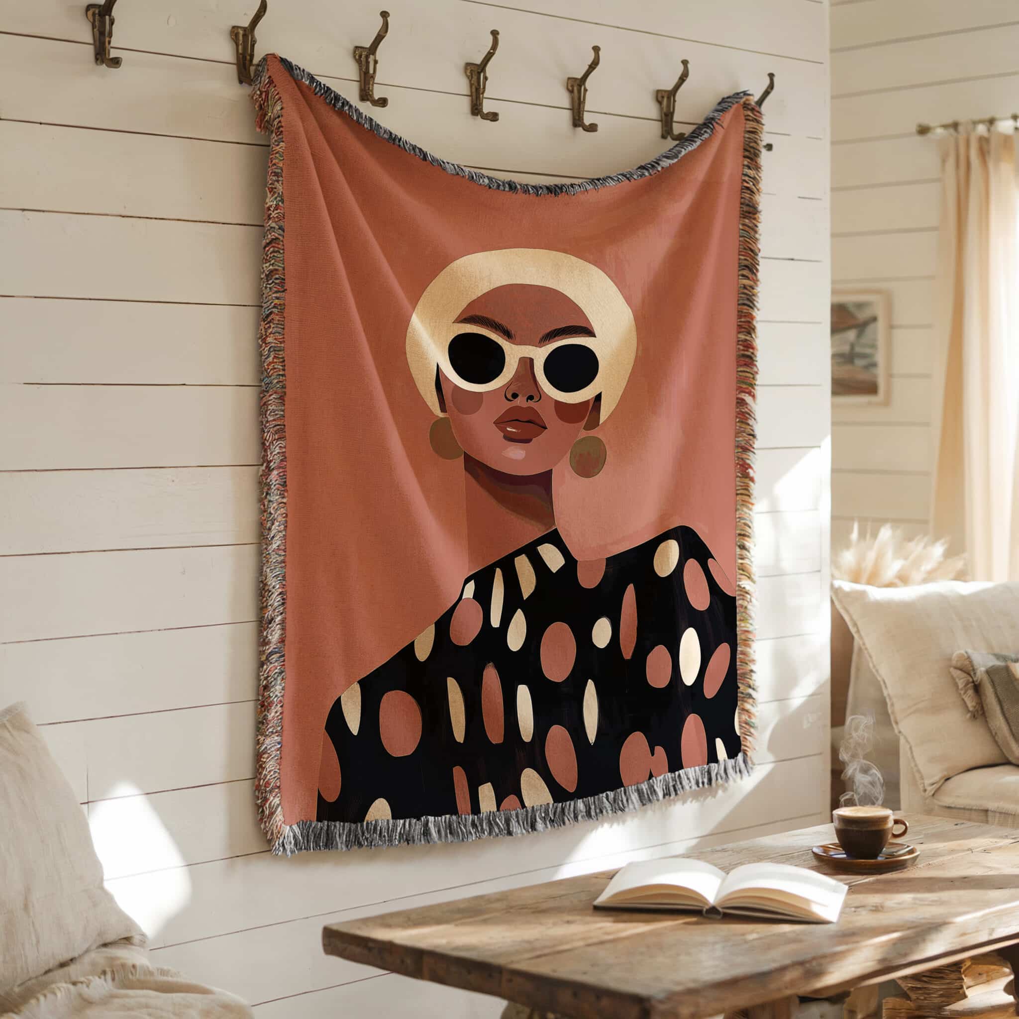 Patterned Throw Blanket Jacquard Woven Cotton, Woman Portrait, Polka Dot Design for Modern Bedroom Living Room Decor - photo #6