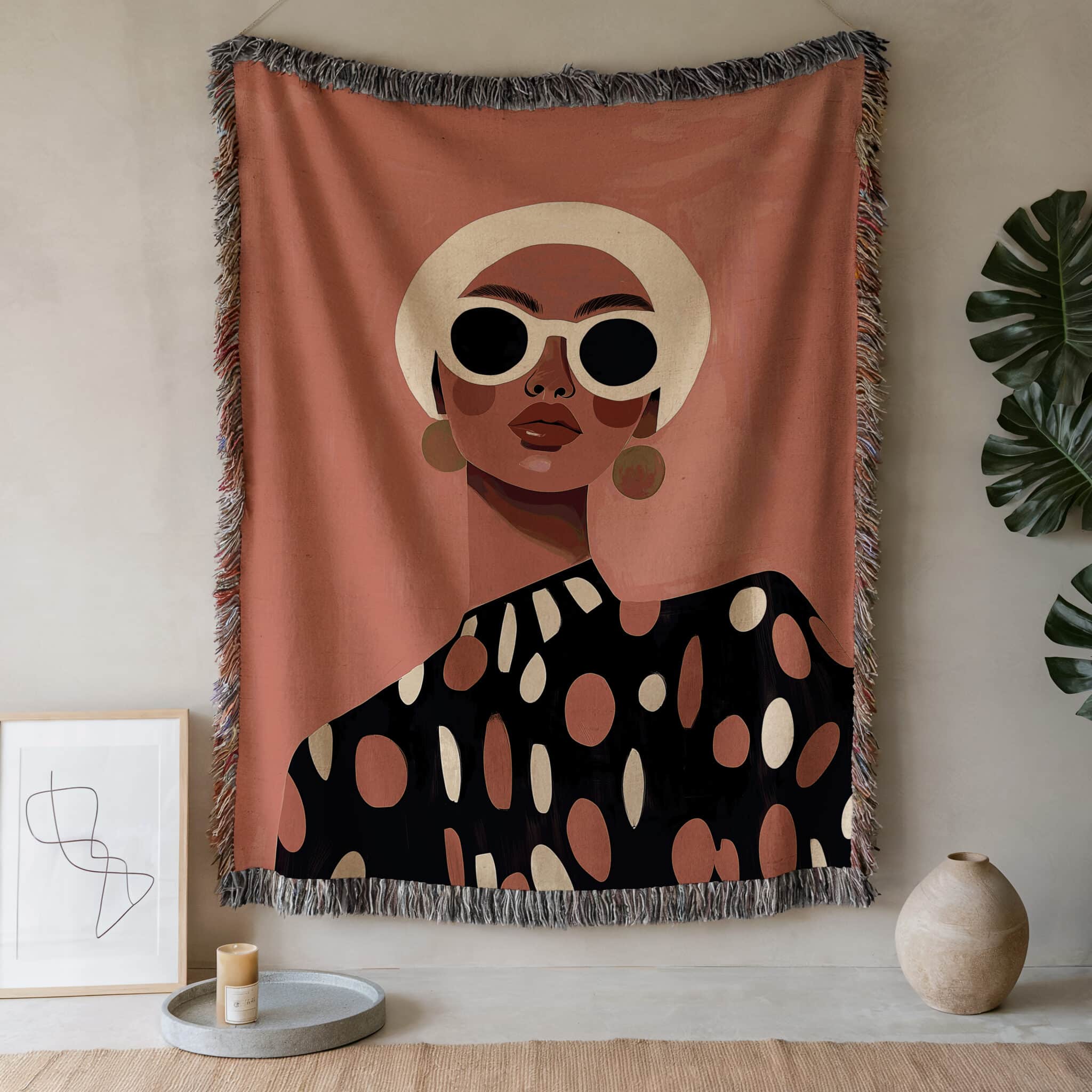 Patterned Throw Blanket Jacquard Woven Cotton, Woman Portrait, Polka Dot Design for Modern Bedroom Living Room Decor - photo #9