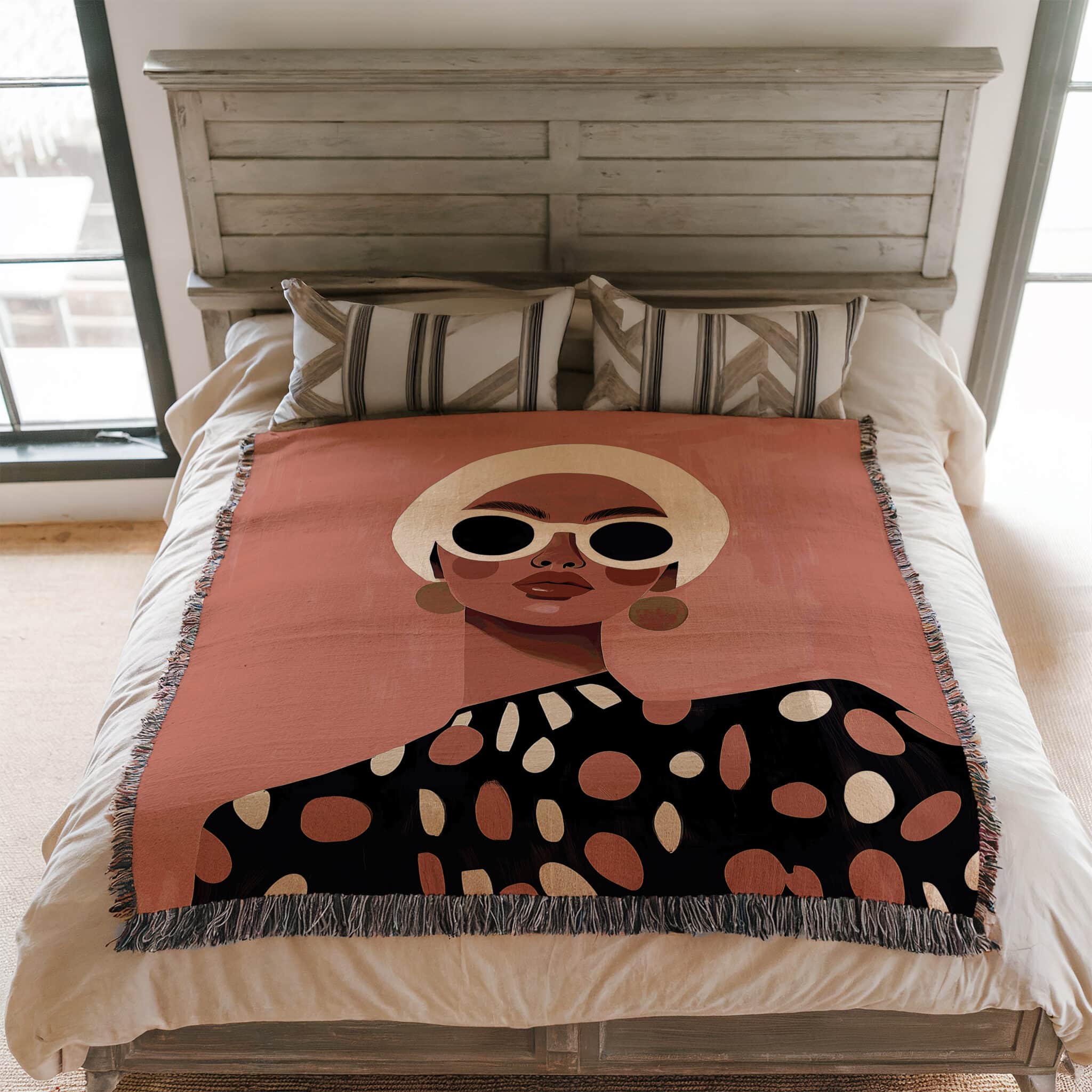 Patterned Throw Blanket Jacquard Woven Cotton, Woman Portrait, Polka Dot Design for Modern Bedroom Living Room Decor - photo #2