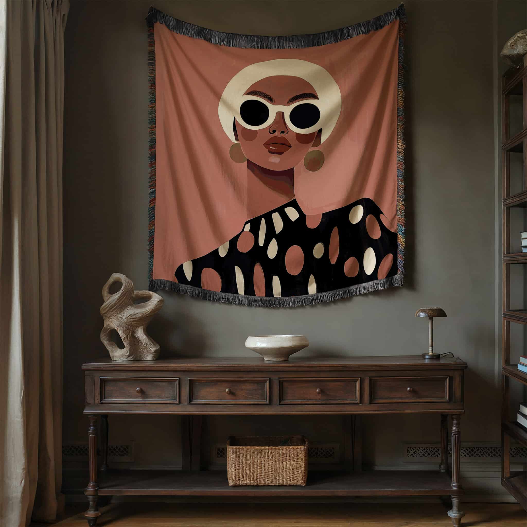 Patterned Throw Blanket Jacquard Woven Cotton, Woman Portrait, Polka Dot Design for Modern Bedroom Living Room Decor - photo #11