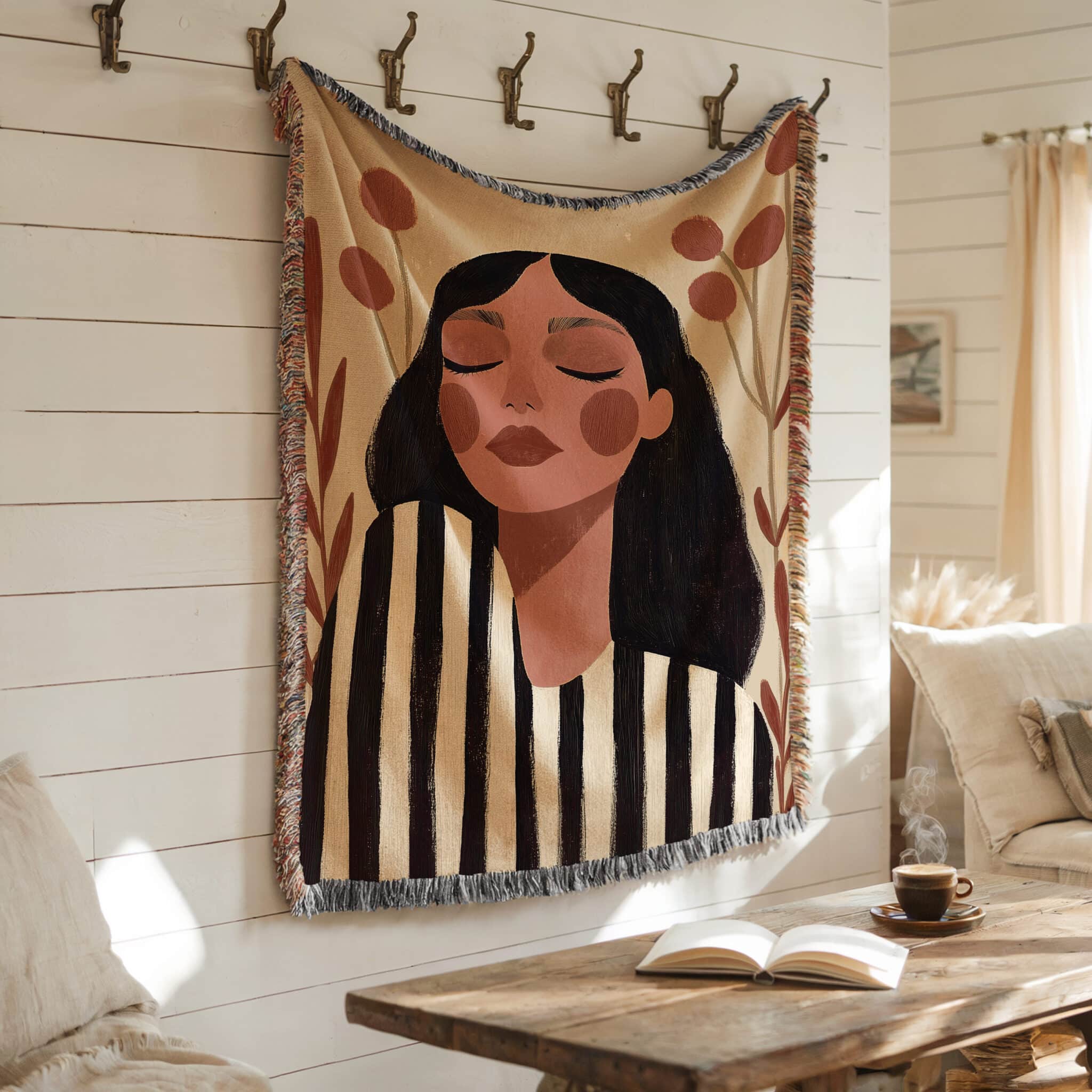 Modern Art Blanket Jacquard Woven Cotton, Serene Woman Portrait, Minimalist Botanical Decor for Bedroom Living Room - photo #6