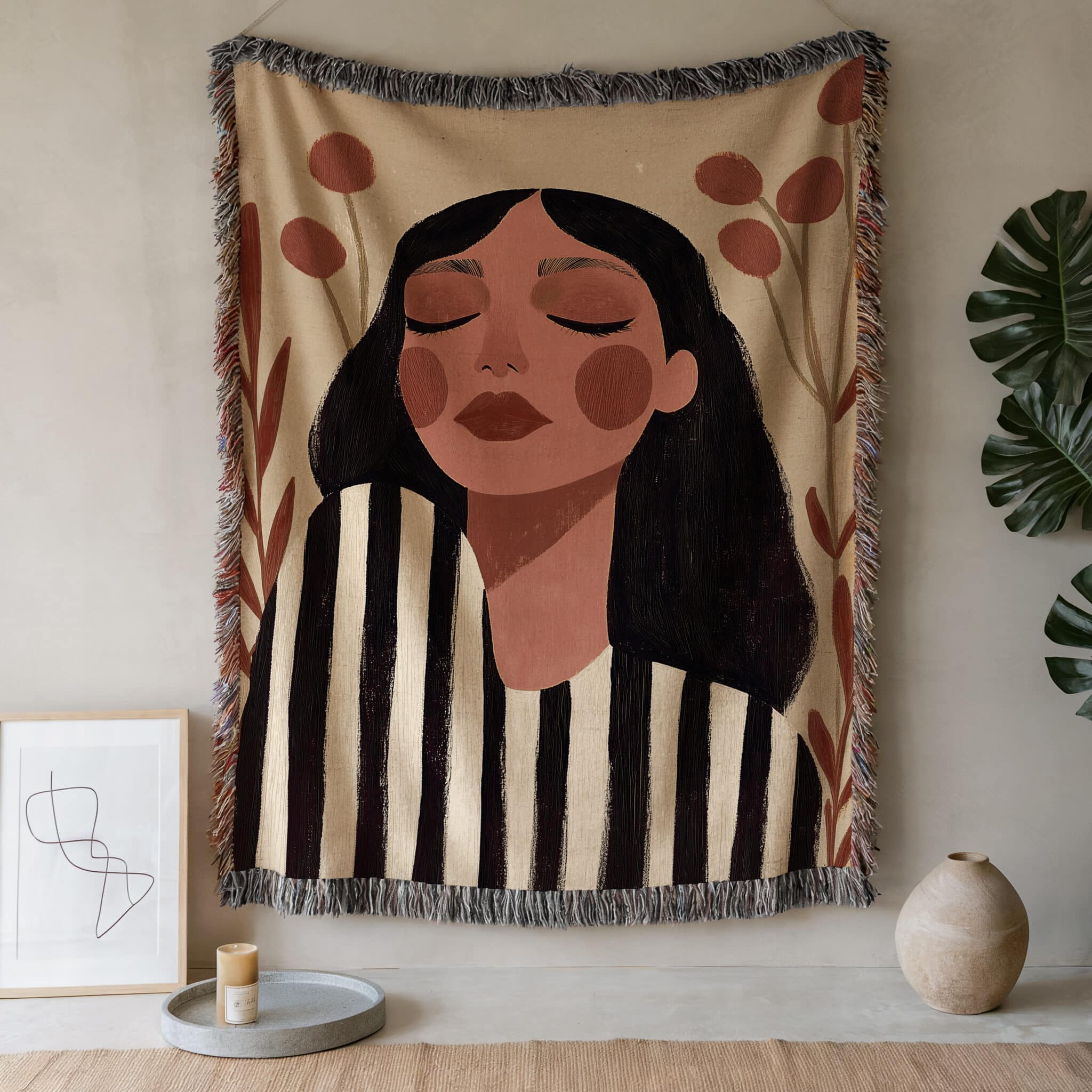 Modern Art Blanket Jacquard Woven Cotton, Serene Woman Portrait, Minimalist Botanical Decor for Bedroom Living Room