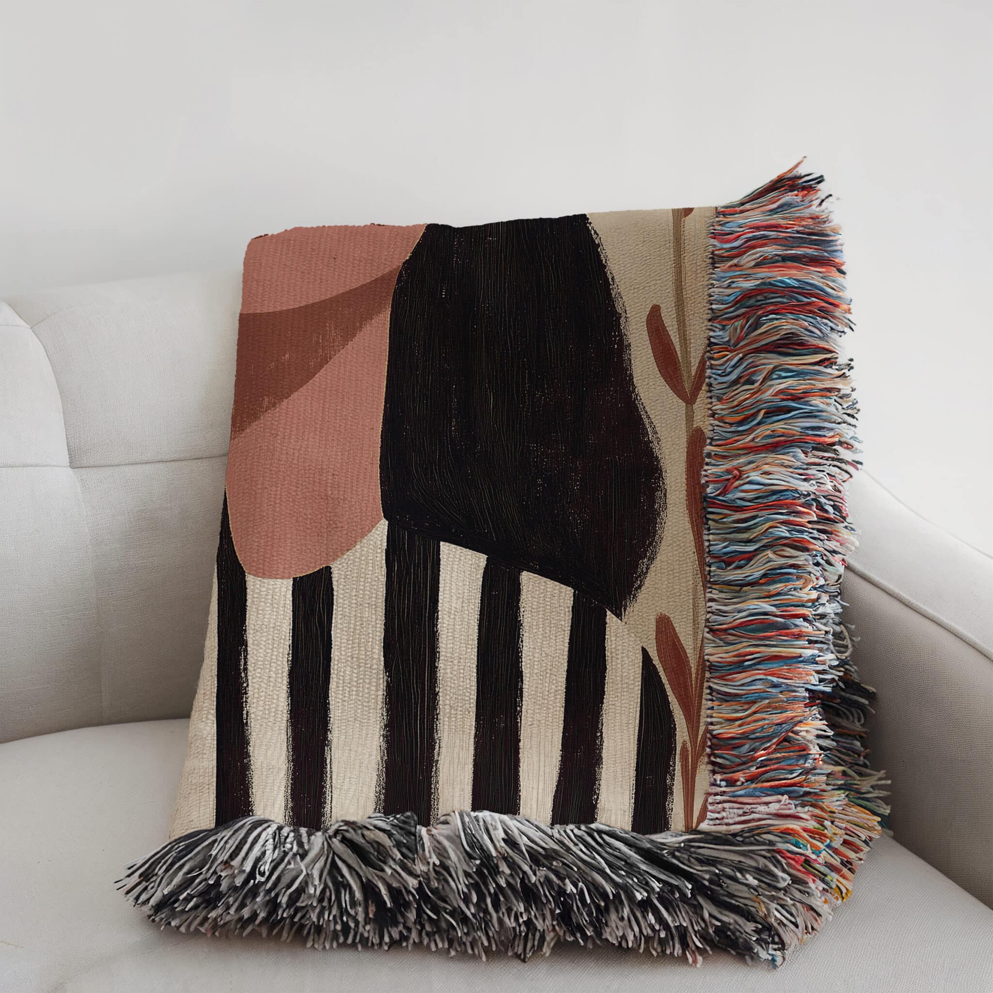 Modern Art Blanket Jacquard Woven Cotton, Serene Woman Portrait, Minimalist Botanical Decor for Bedroom Living Room - photo #3