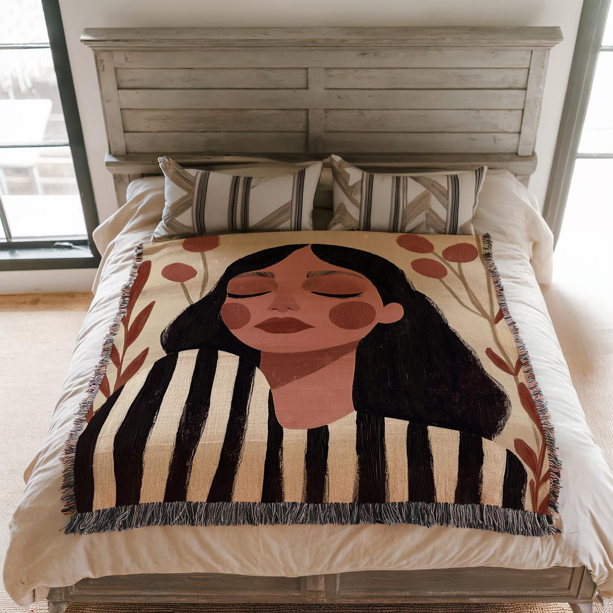 Modern Art Blanket Jacquard Woven Cotton, Serene Woman Portrait, Minimalist Botanical Decor for Bedroom Living Room - photo #2
