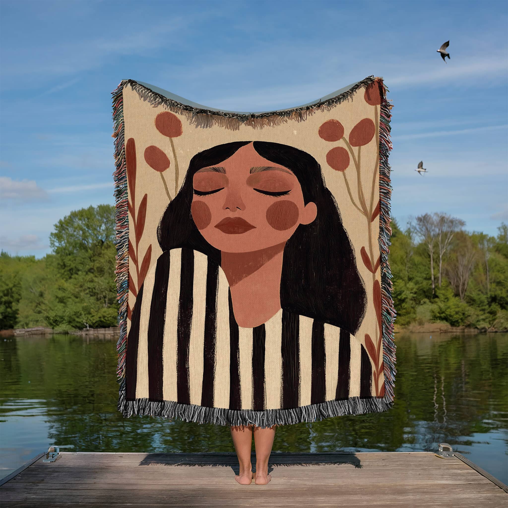 Modern Art Blanket Jacquard Woven Cotton, Serene Woman Portrait, Minimalist Botanical Decor for Bedroom Living Room - photo #5