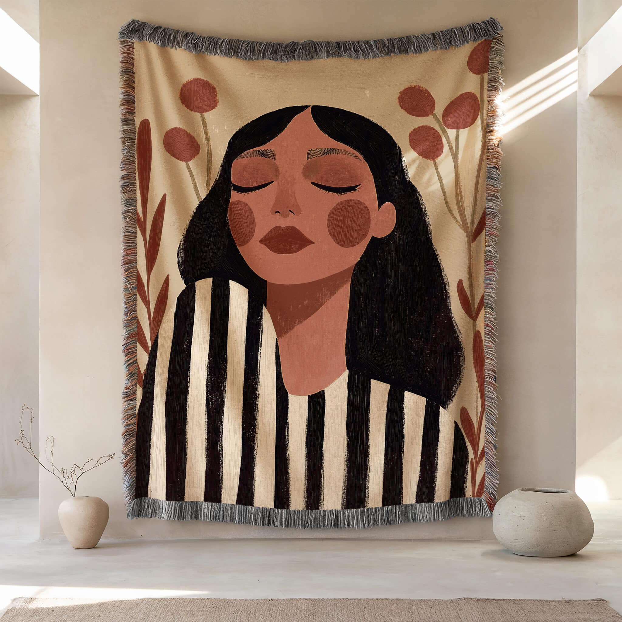 Modern Art Blanket Jacquard Woven Cotton, Serene Woman Portrait, Minimalist Botanical Decor for Bedroom Living Room - photo #9