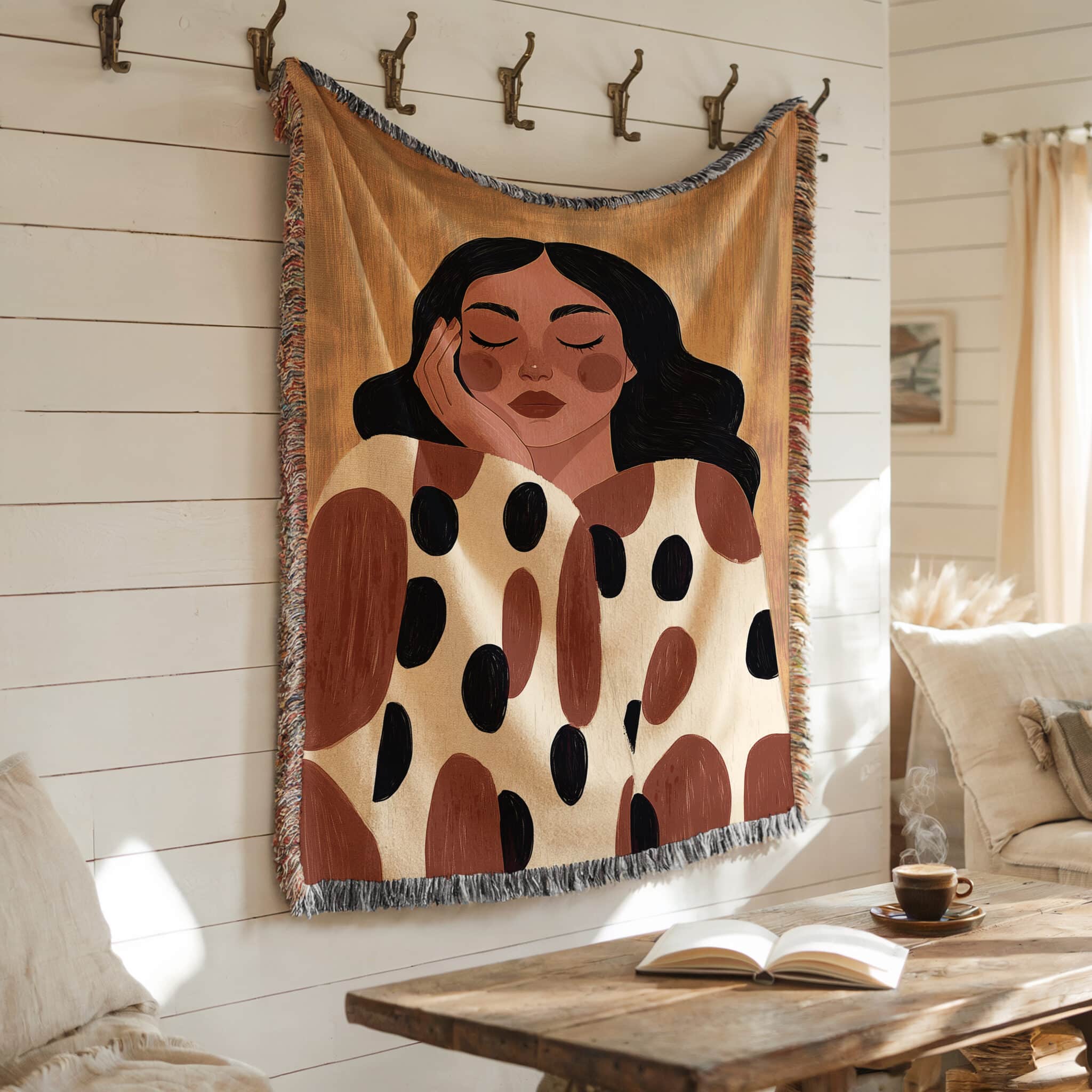 Self Care Blanket Jacquard Woven Cotton, Serene Woman Portrait Throw, Abstract Neutral Textile Art for Cozy Bedroom Living Room Decor - photo #6
