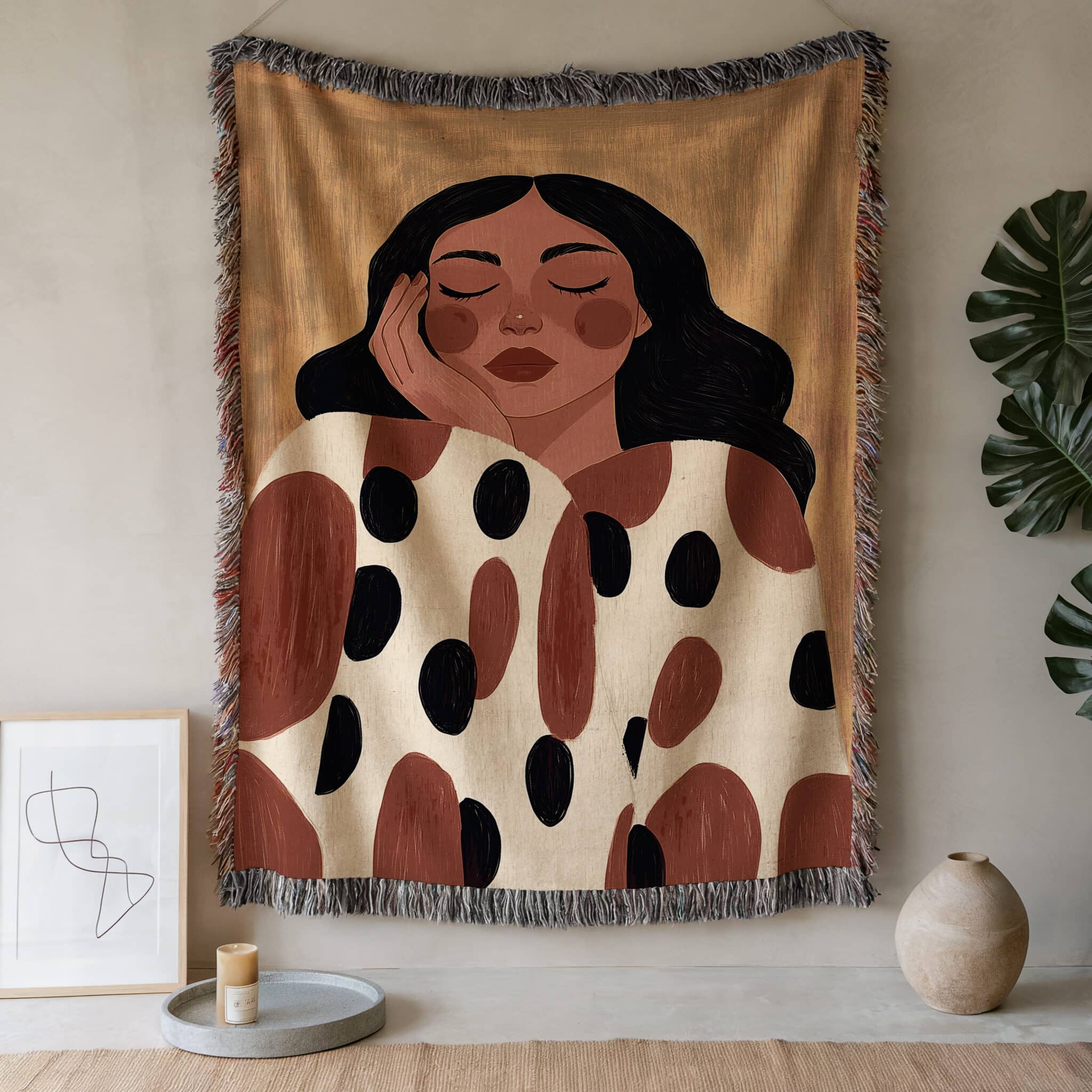 Self Care Blanket Jacquard Woven Cotton, Serene Woman Portrait Throw, Abstract Neutral Textile Art for Cozy Bedroom Living Room Decor