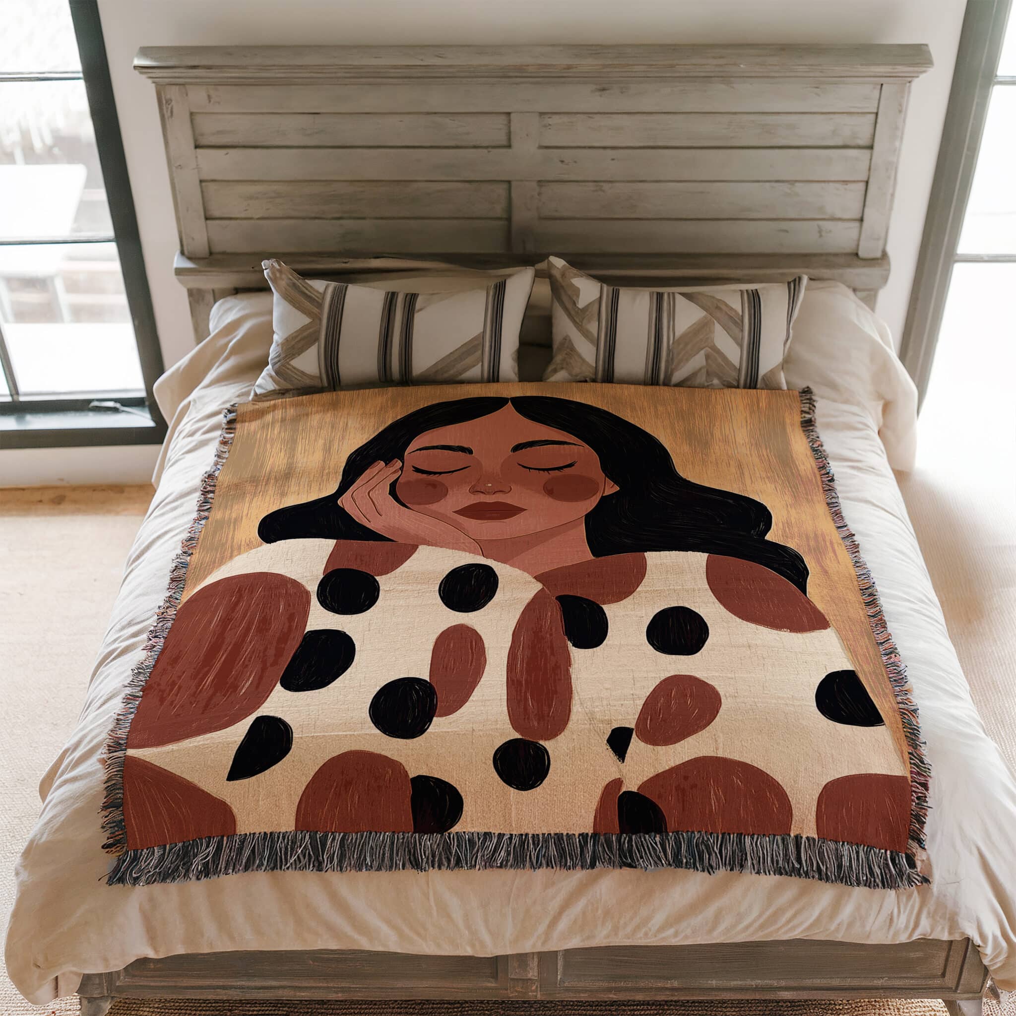 Self Care Blanket Jacquard Woven Cotton, Serene Woman Portrait Throw, Abstract Neutral Textile Art for Cozy Bedroom Living Room Decor - photo #2