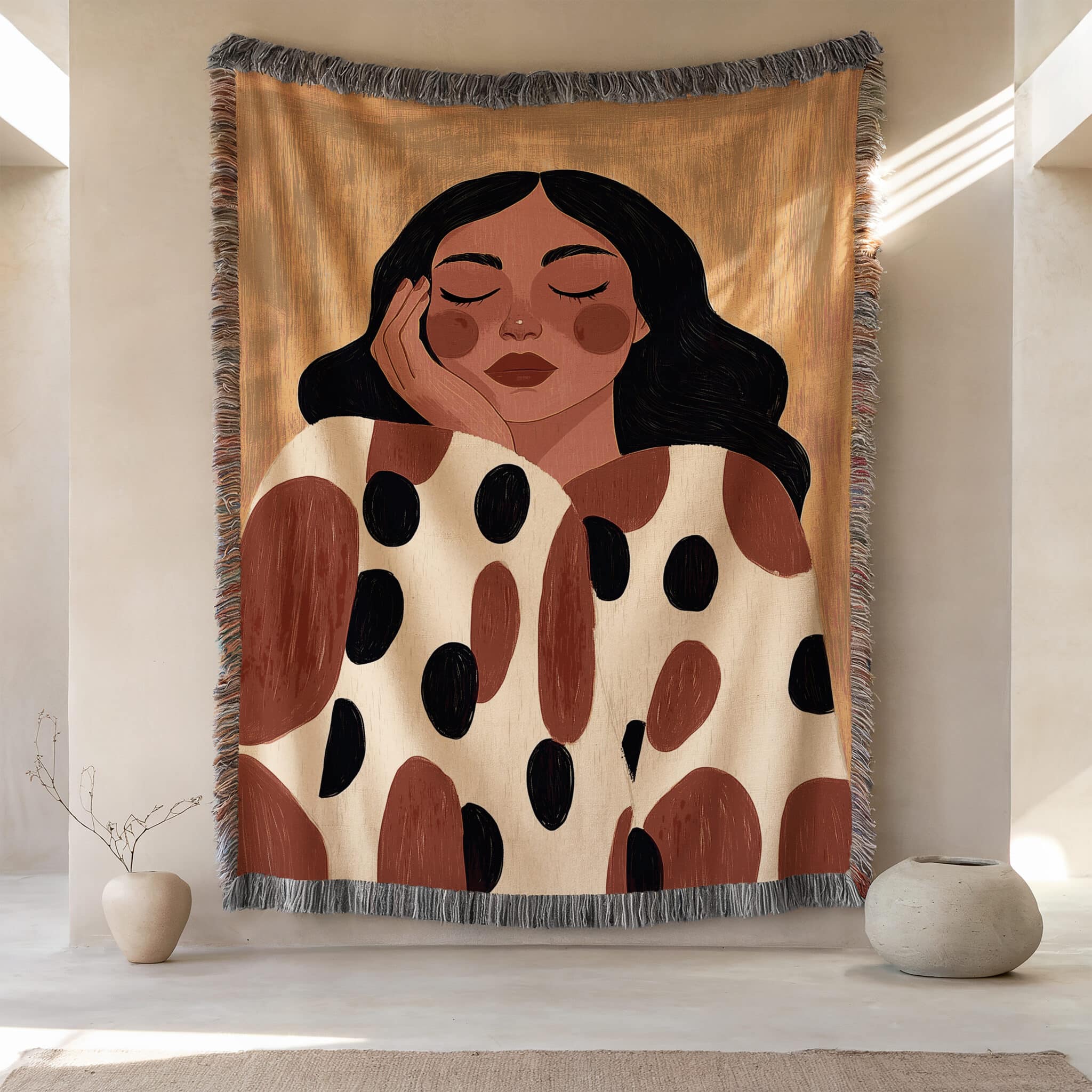 Self Care Blanket Jacquard Woven Cotton, Serene Woman Portrait Throw, Abstract Neutral Textile Art for Cozy Bedroom Living Room Decor - photo #9