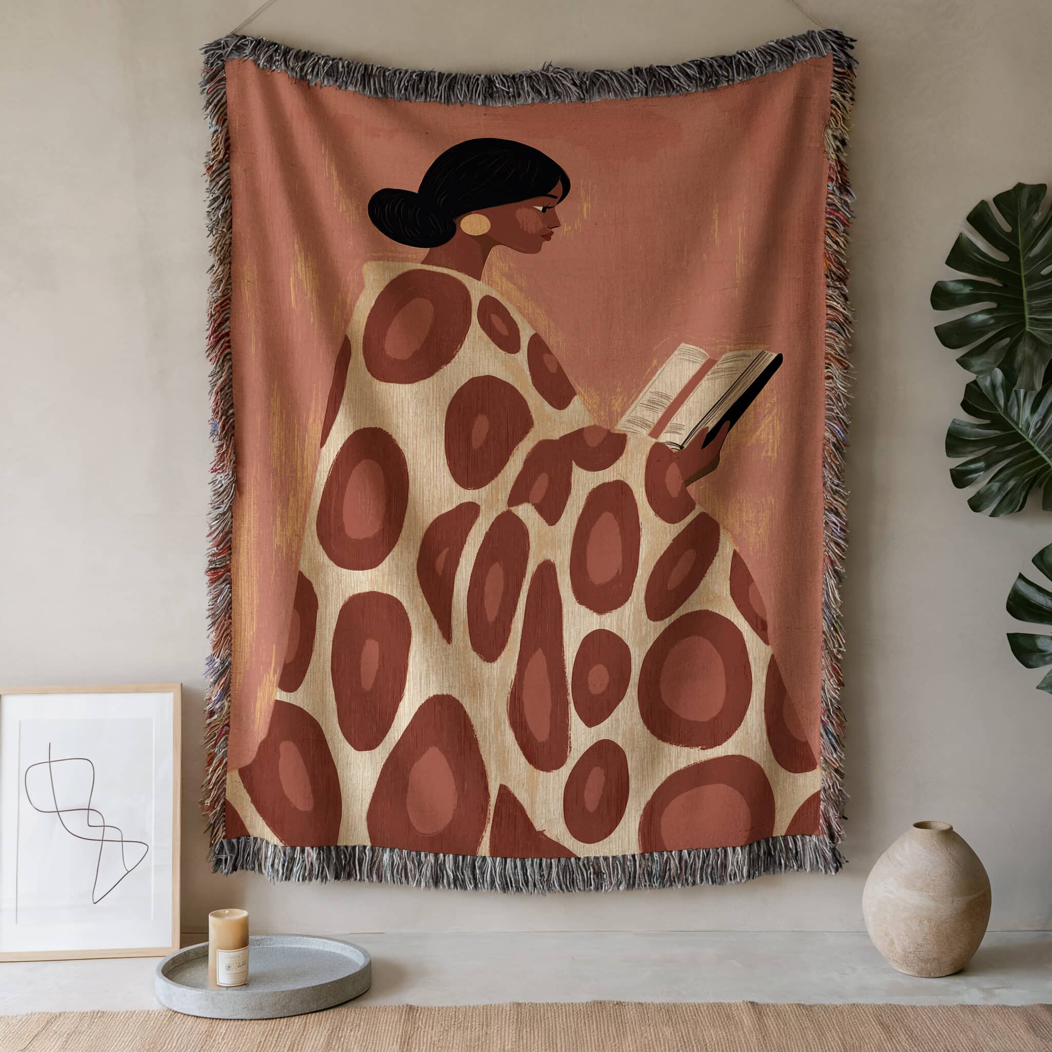 Book Lover Blanket Jacquard Woven Throw, Modern Reading Woman Portrait, Cotton Tapestry for Cozy Library Living Room Decor