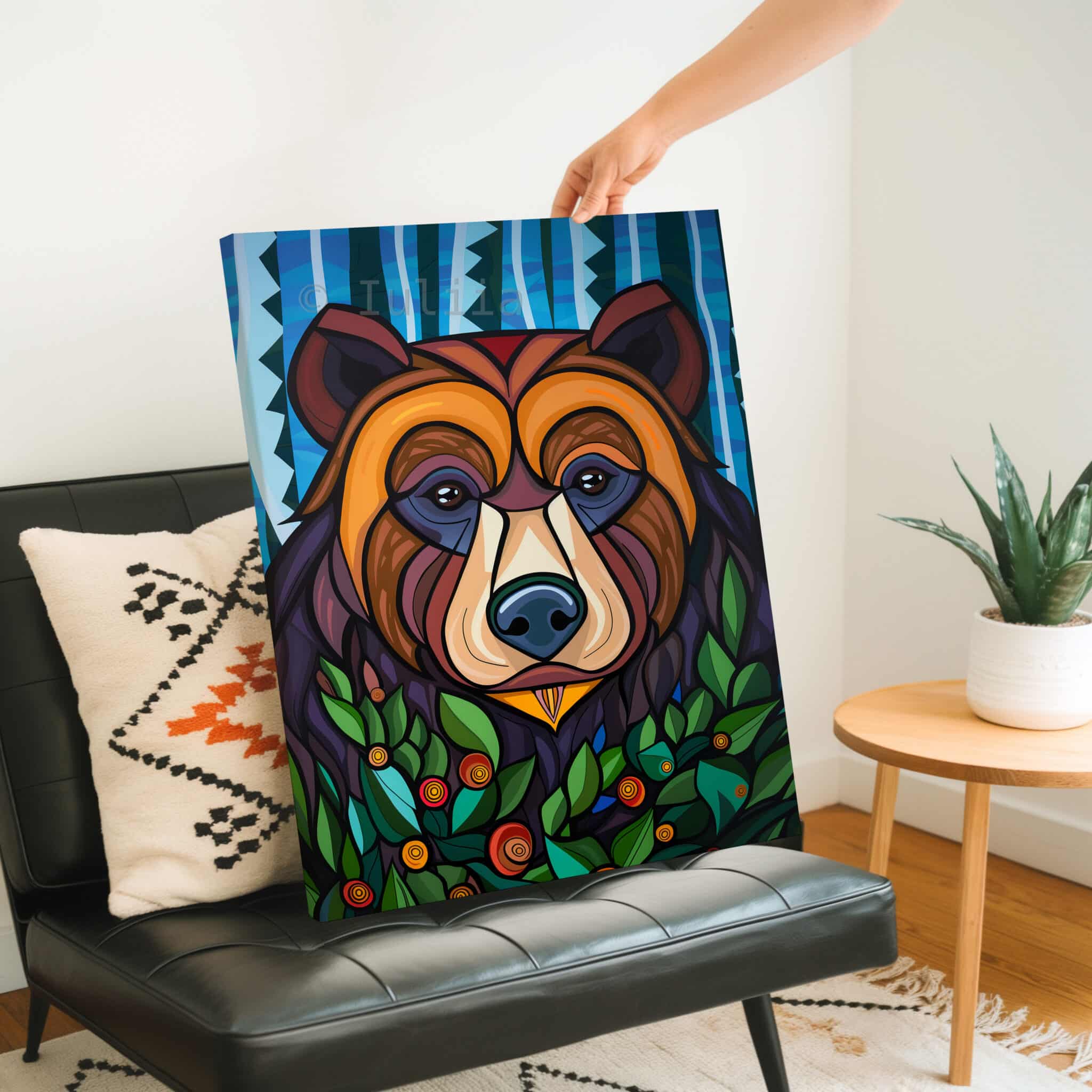 Woodland Bear Canvas Wall Art Forest Animal Framed Artwork, Colorful Wildlife Portrait, Nature Inspired Lodge Decor - photo #2