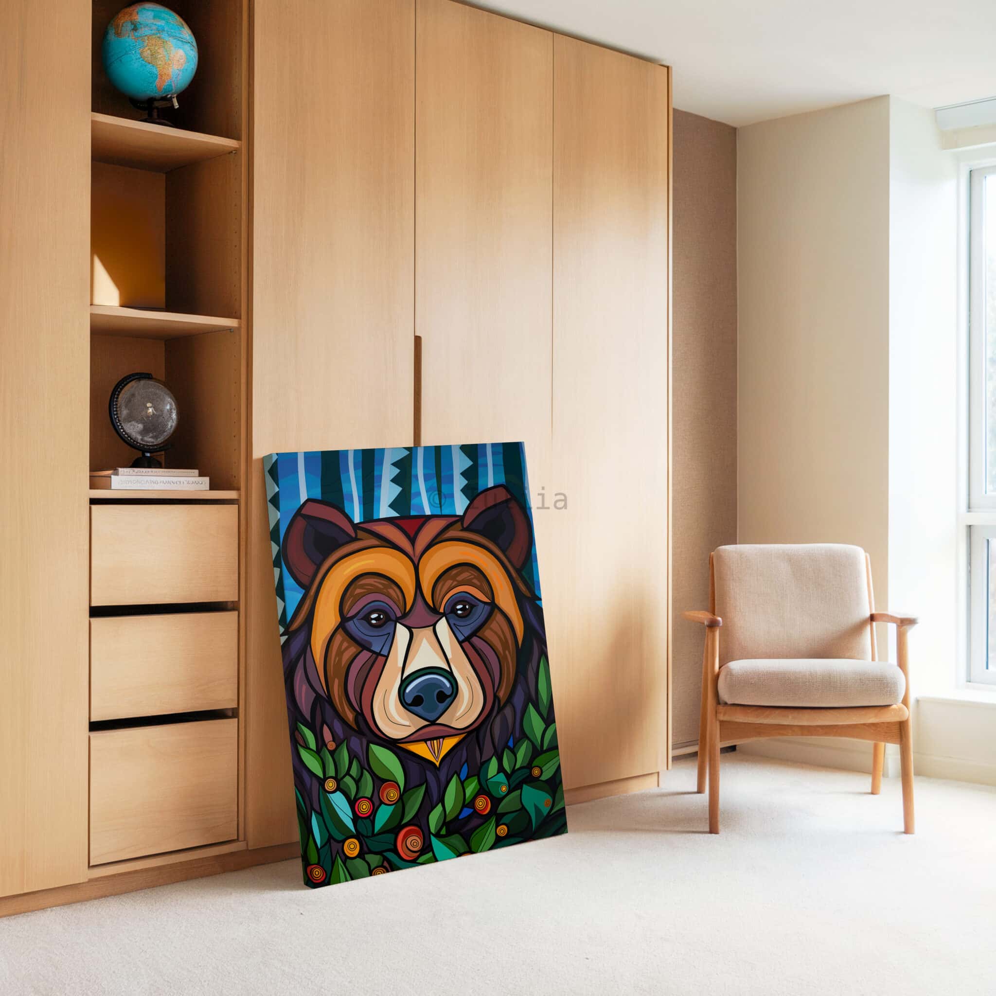 Woodland Bear Canvas Wall Art Forest Animal Framed Artwork, Colorful Wildlife Portrait, Nature Inspired Lodge Decor - photo #3
