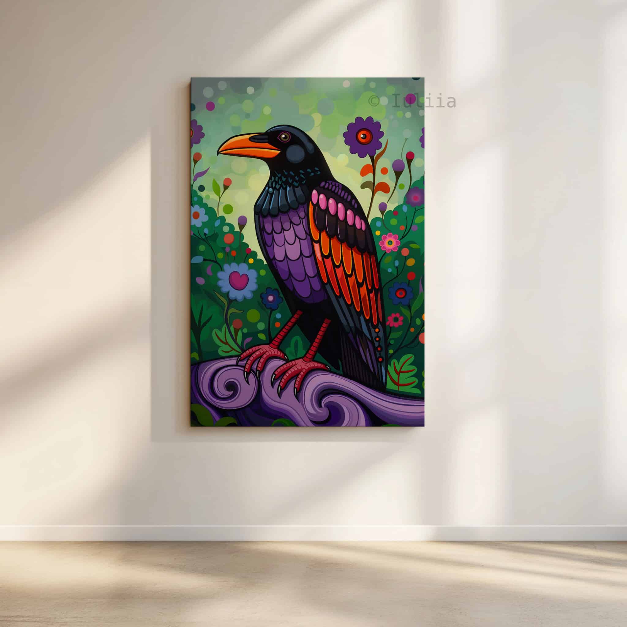 Crow Wall Art Colorful Bird Illustration Pacific Northwest Inspired Wildlife Decor, Statement Canvas Print Living Room Accent